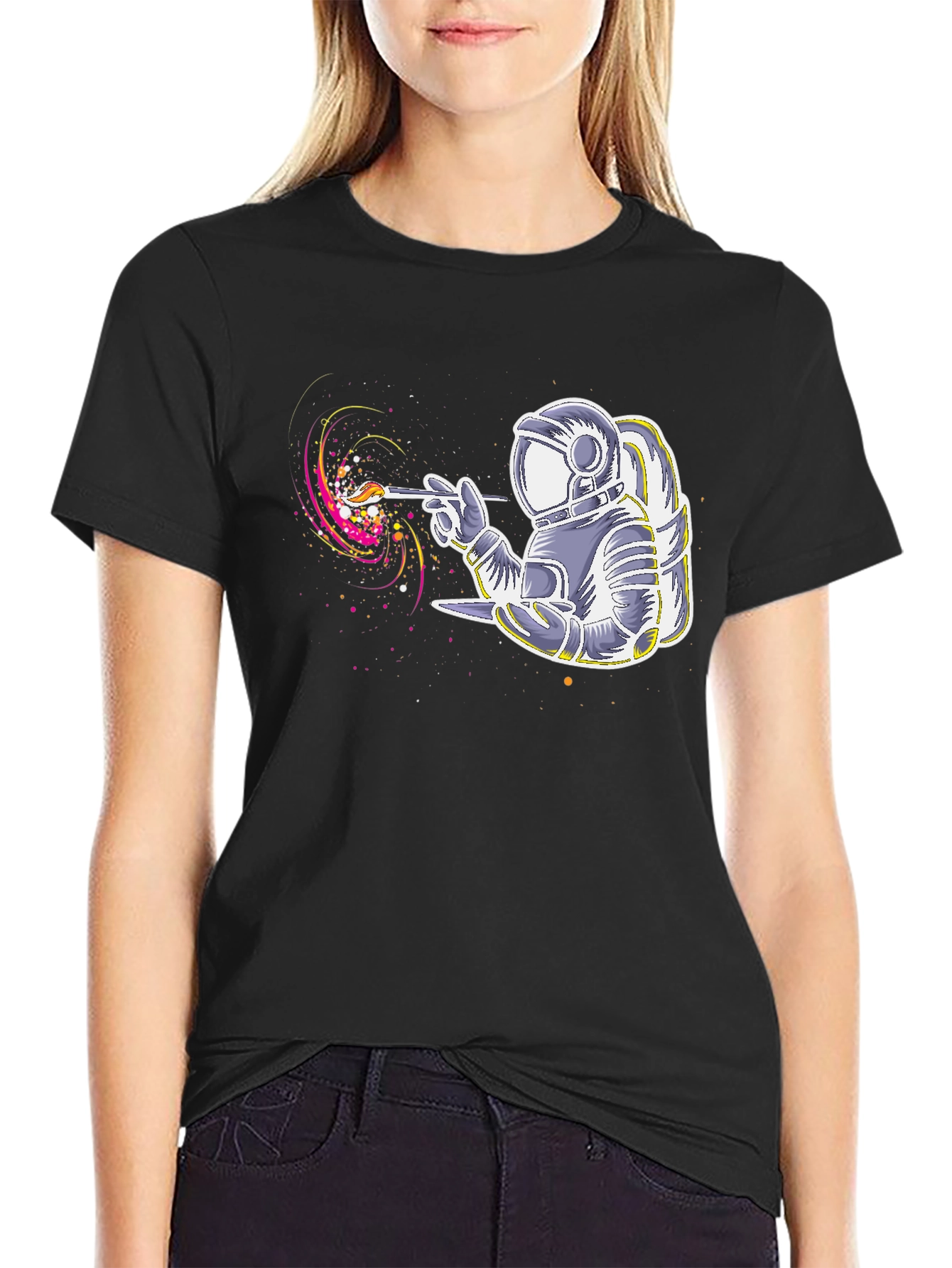 Astronaut Artist Graphic T-Shirt - Black Crew Neck