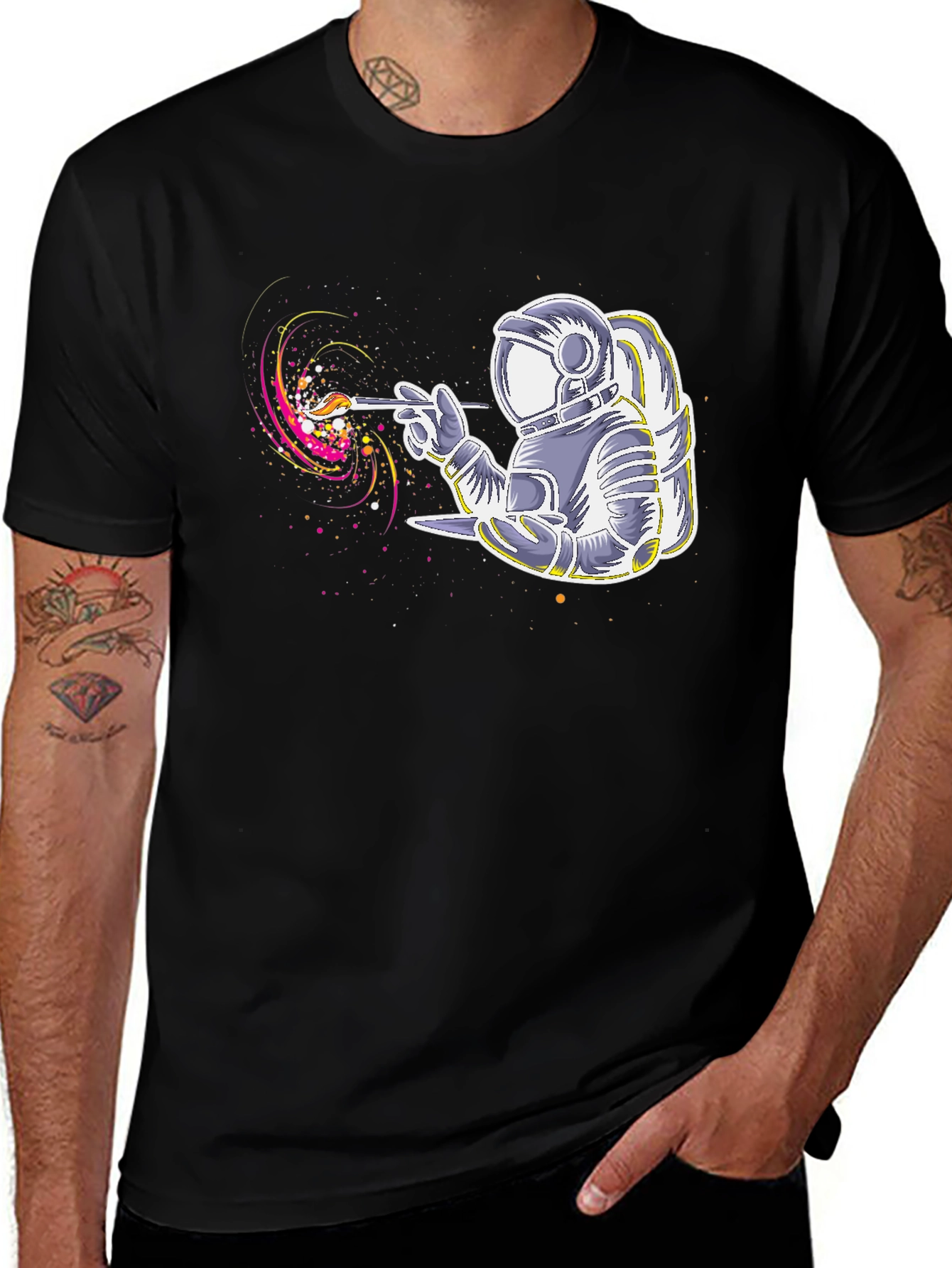 Astronaut Artist Graphic T-Shirt - Black Crew Neck