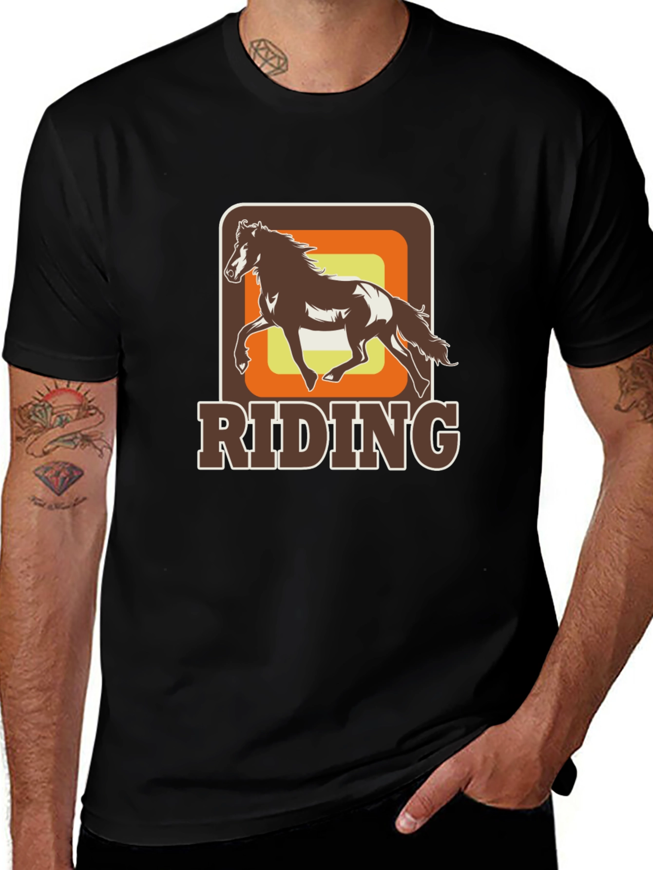 Riding Horse Graphic Tee - Retro Style Black T-Shirt