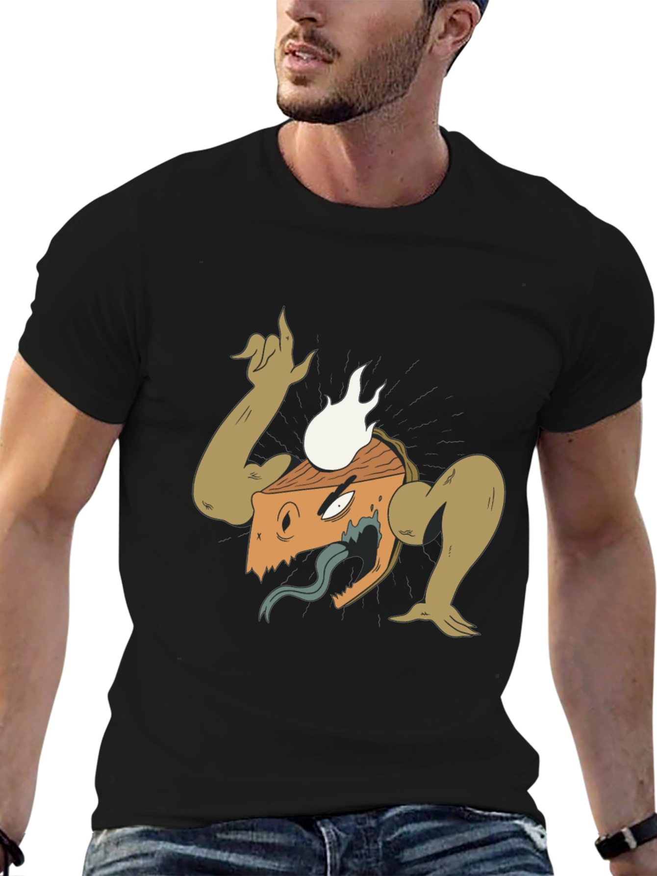 Mens Black Graphic T-Shirt - Monster Cartoon Design