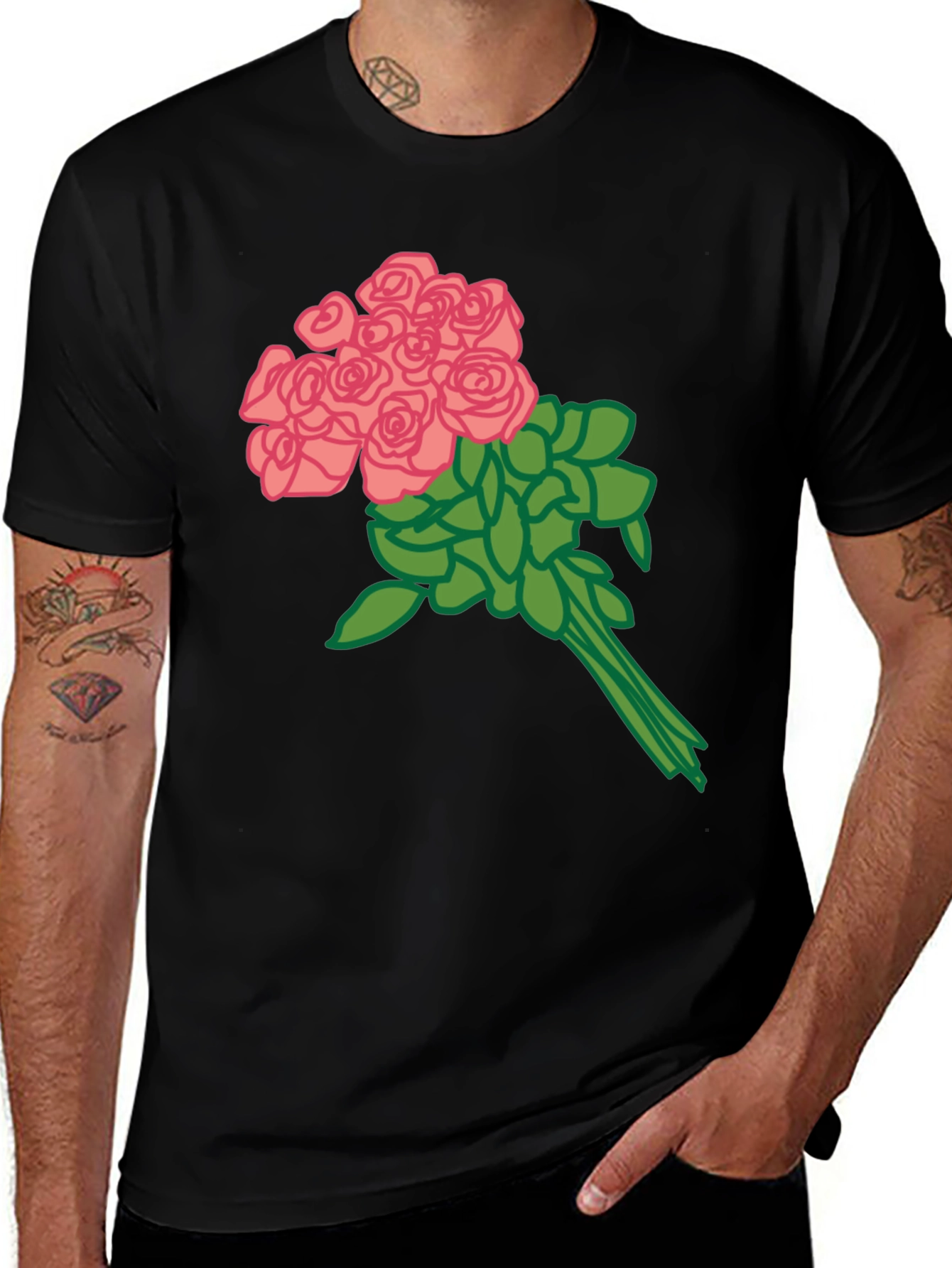 Floral Bouquet Graphic Tee - Black Cotton Shirt