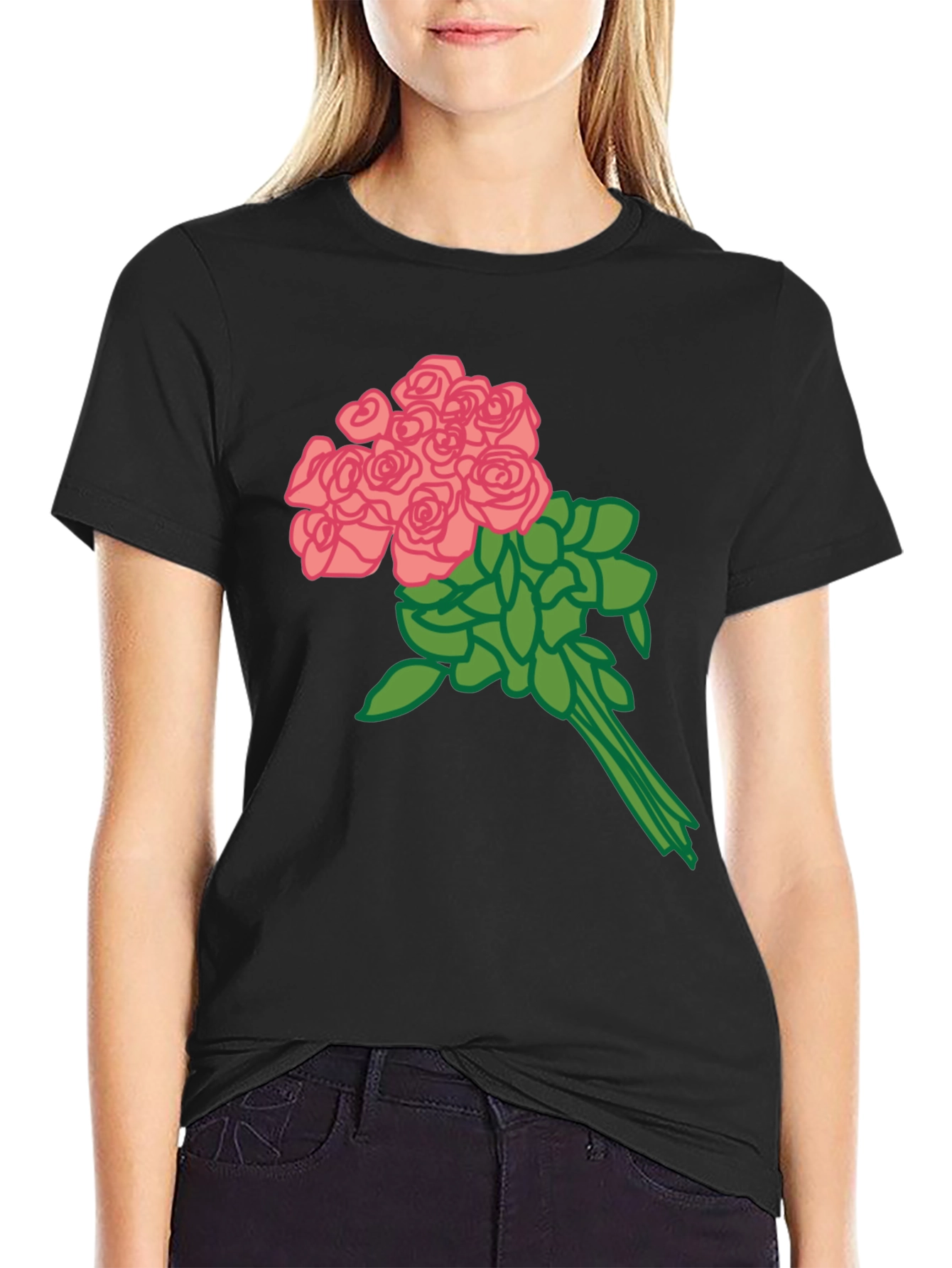 Floral Bouquet Graphic Tee - Black Cotton Shirt