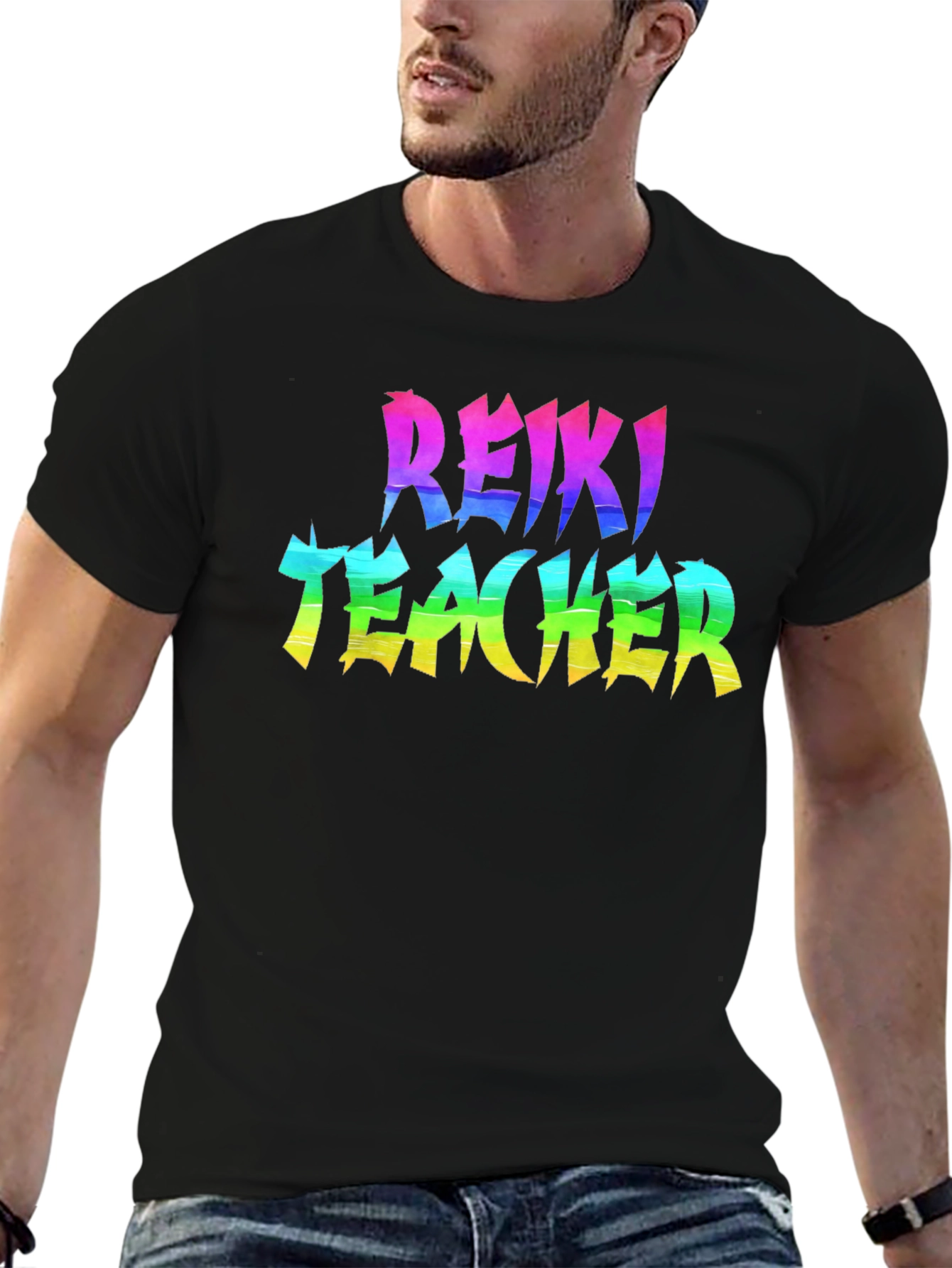 Reiki Teacher Rainbow Text Black T-Shirt