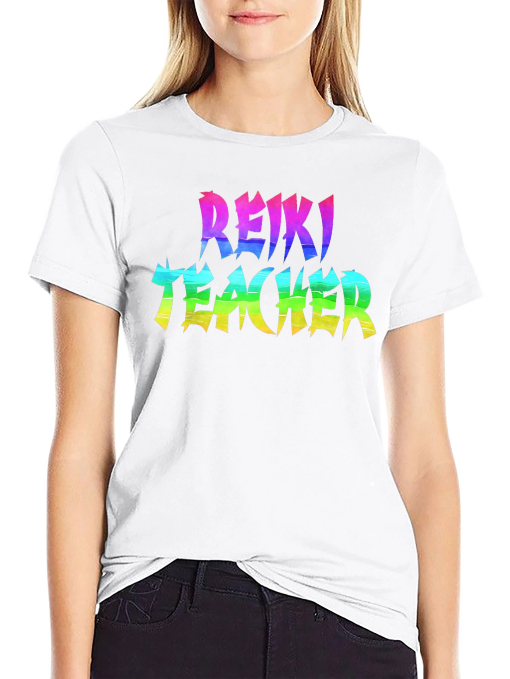 Reiki Teacher Rainbow Text Black T-Shirt