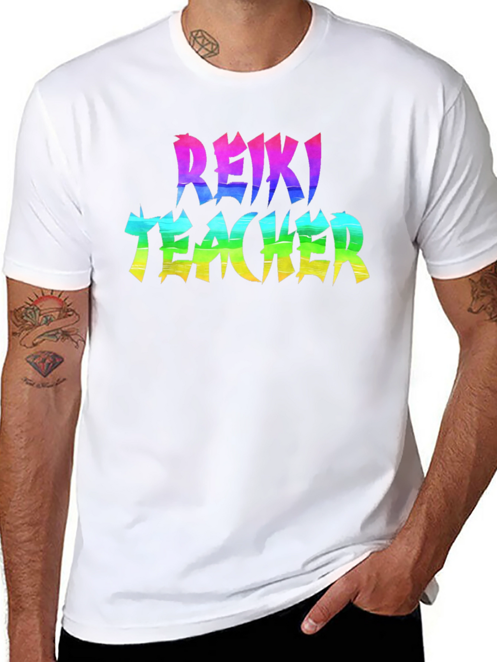 Reiki Teacher Rainbow Text Black T-Shirt