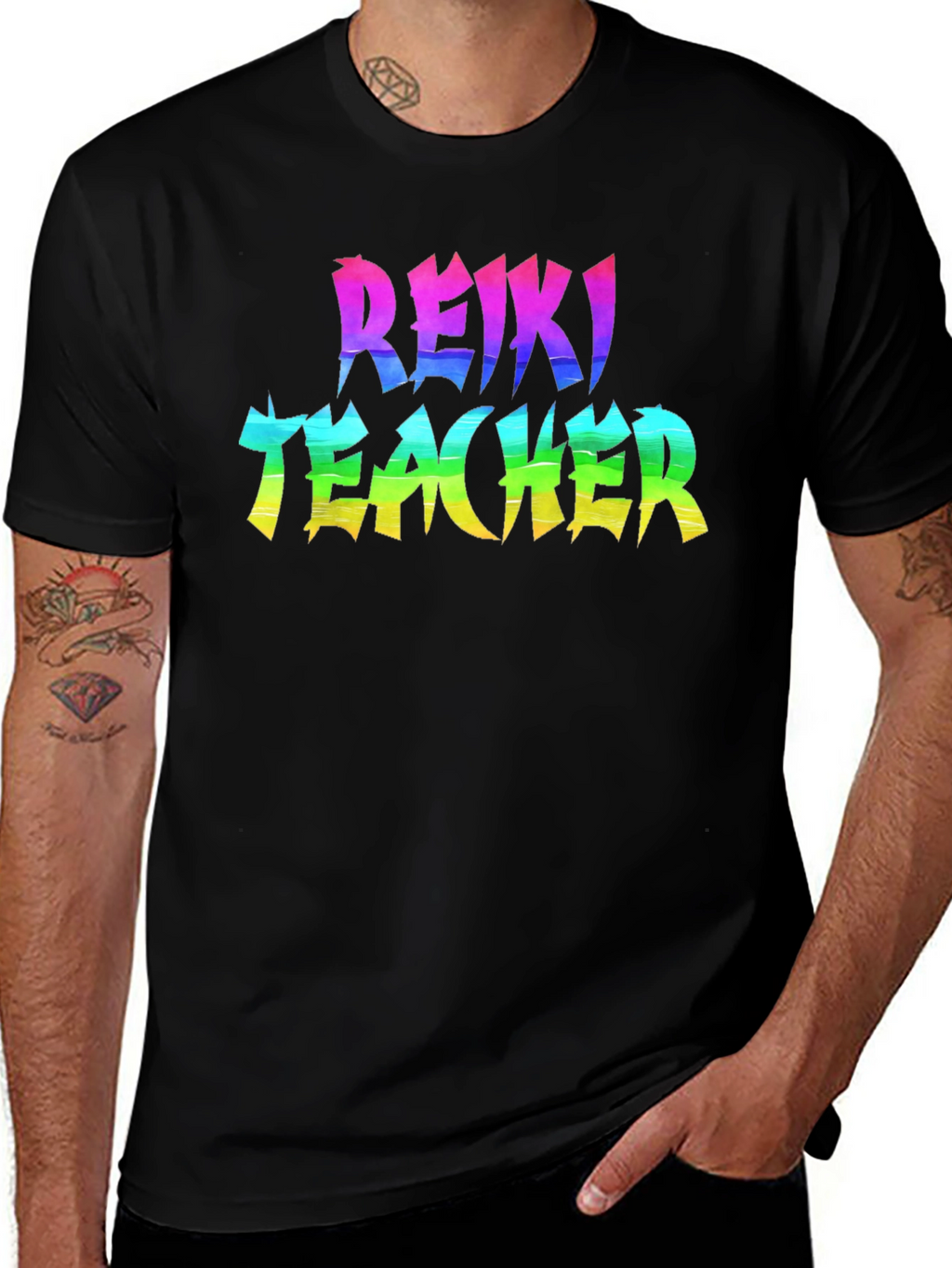 Reiki Teacher Rainbow Text Black T-Shirt