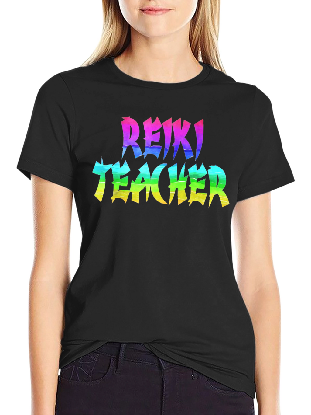 Reiki Teacher Rainbow Text Black T-Shirt