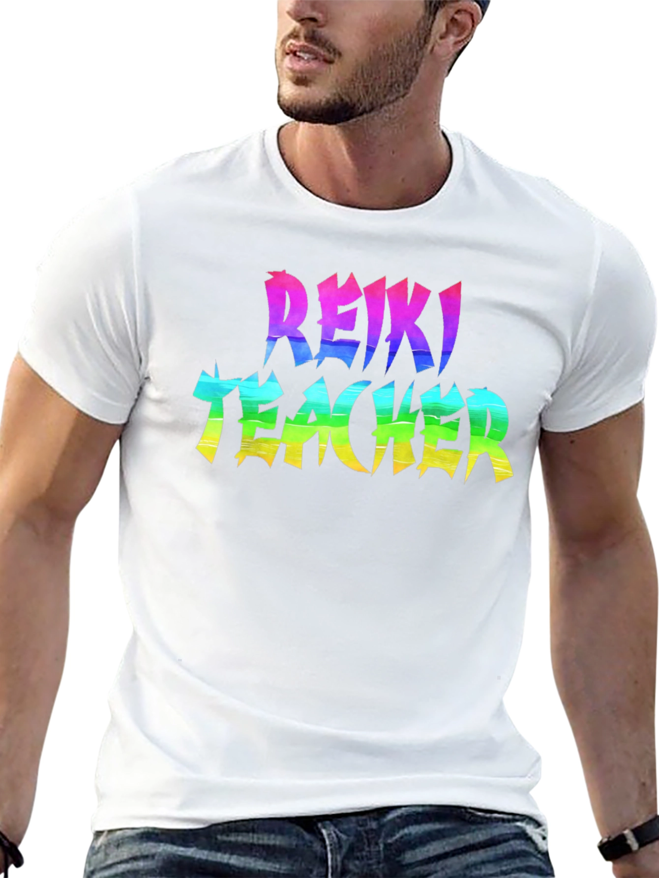Reiki Teacher Rainbow Text Black T-Shirt