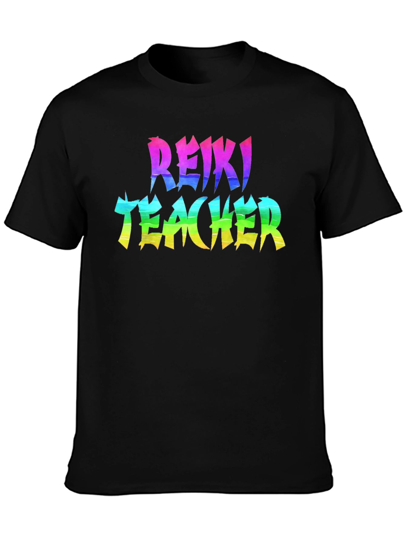 Reiki Teacher Rainbow Text Black T-Shirt