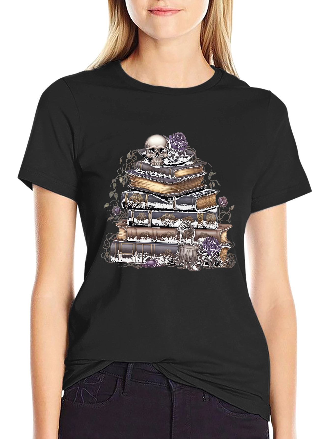 Skull & Books Graphic T-Shirt - Gothic Style