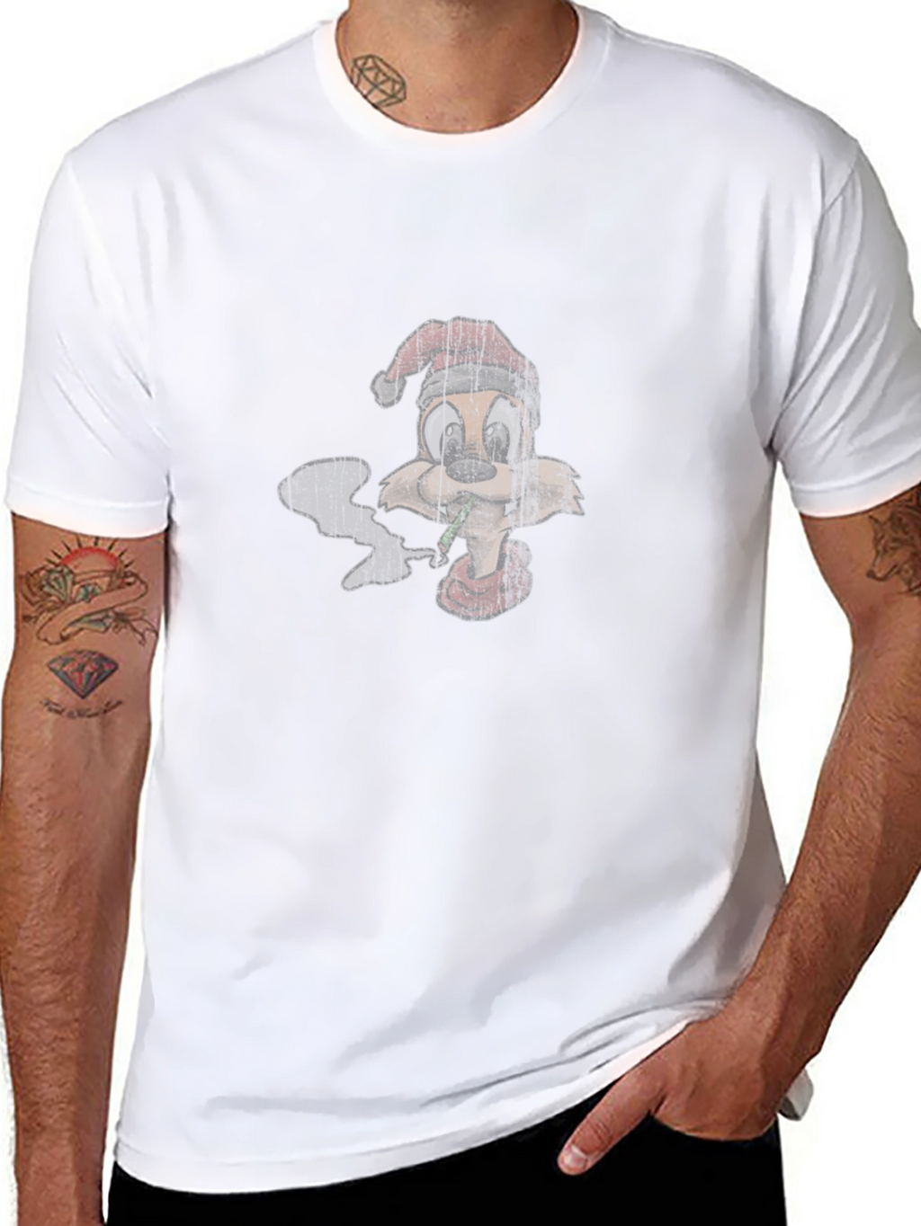 Cartoon Smoking Squirrel Santa Hat T-Shirt