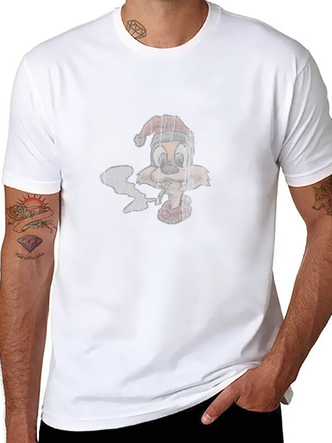 Cartoon Smoking Squirrel Santa Hat T-Shirt