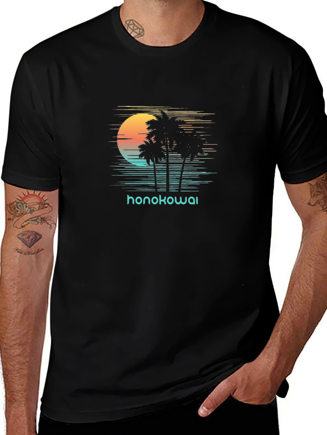 Honokowai Sunset Palm Tree Graphic Tee - Black