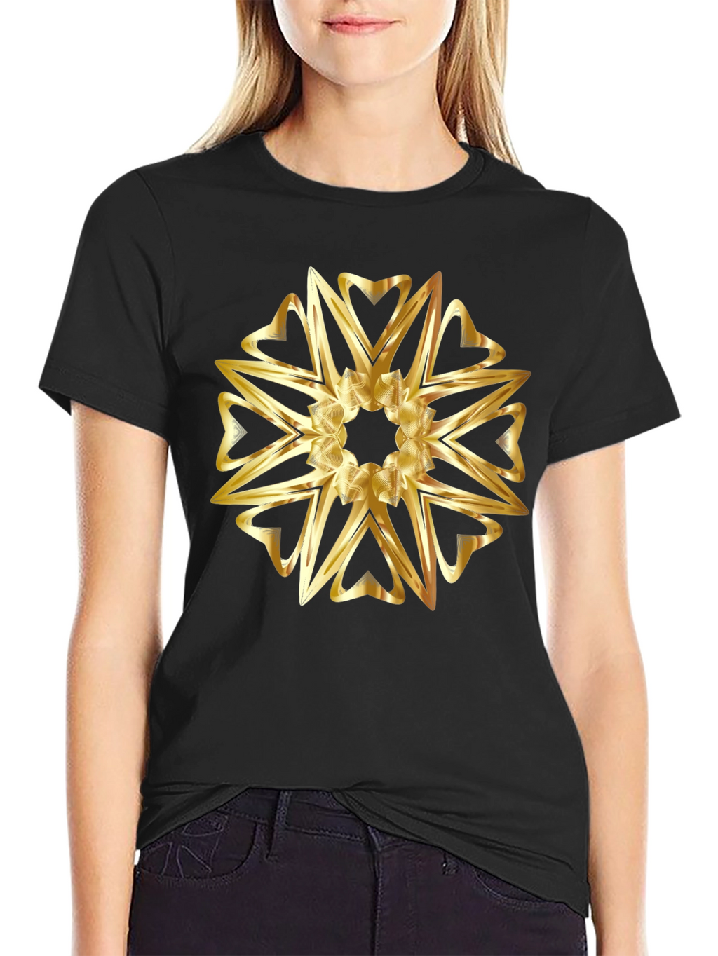 Golden Heart Mandala Graphic Black T-Shirt