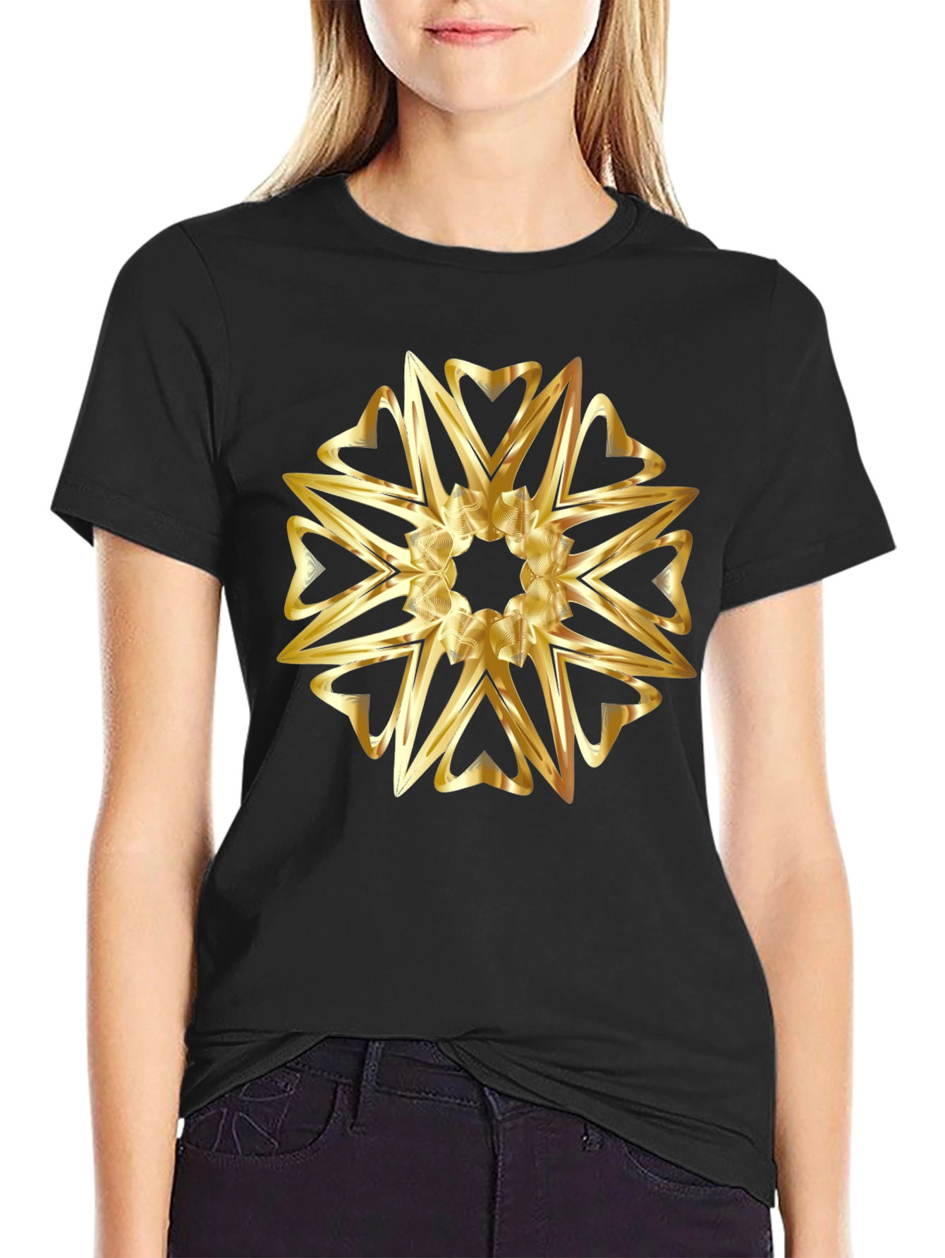 Golden Heart Mandala Graphic Black T-Shirt