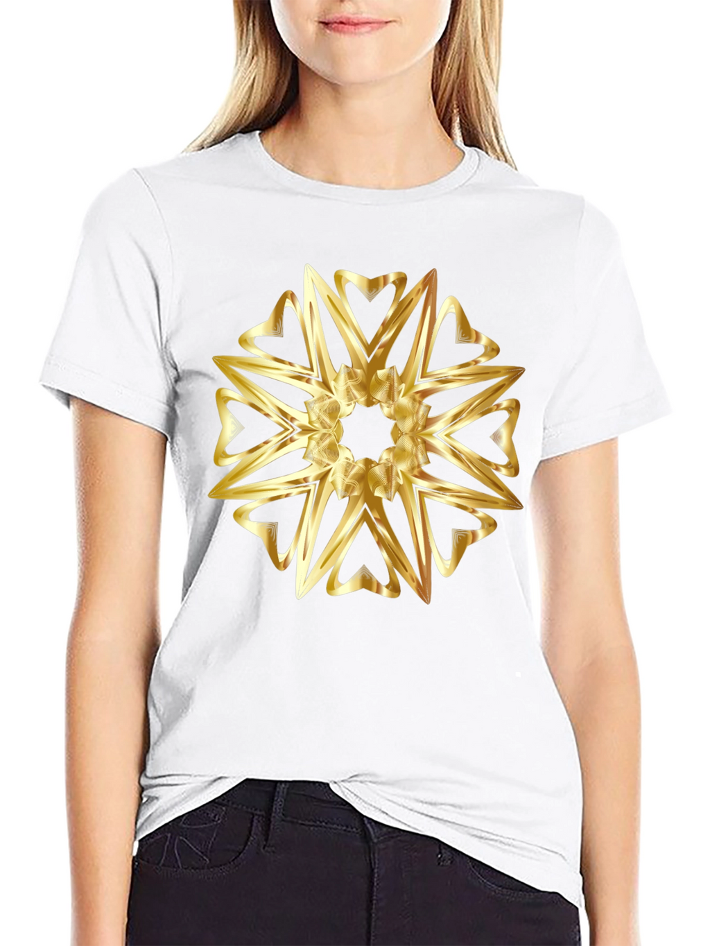 Golden Heart Mandala Graphic Black T-Shirt