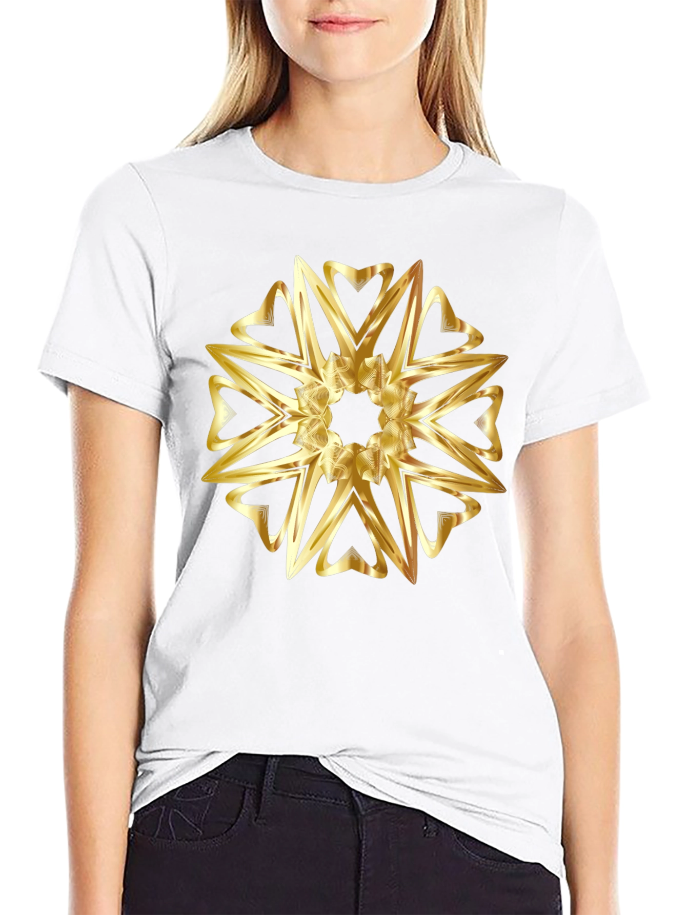 Golden Heart Mandala Graphic Black T-Shirt