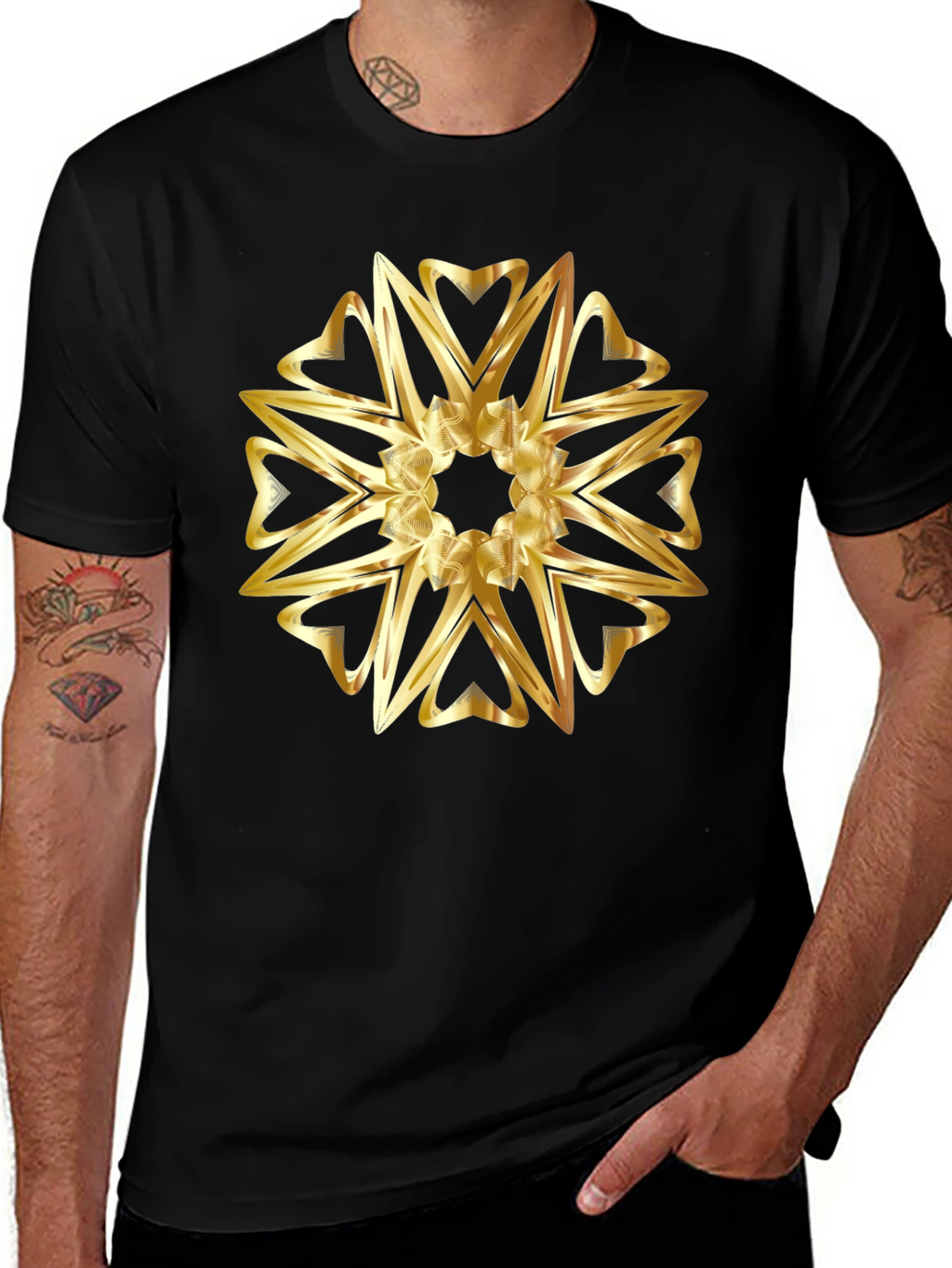 Golden Heart Mandala Graphic Black T-Shirt