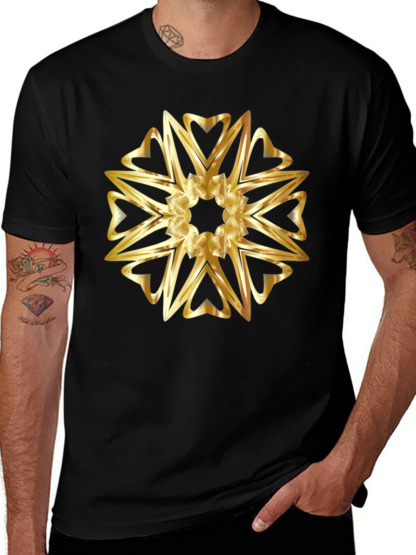 Golden Heart Mandala Graphic Black T-Shirt