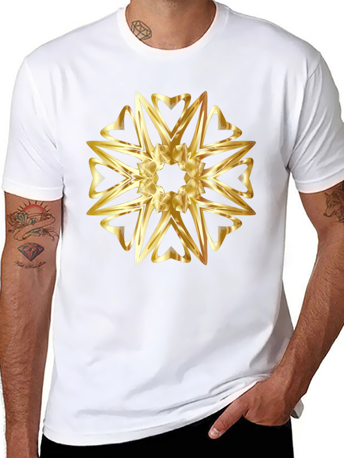 Golden Heart Mandala Graphic Black T-Shirt