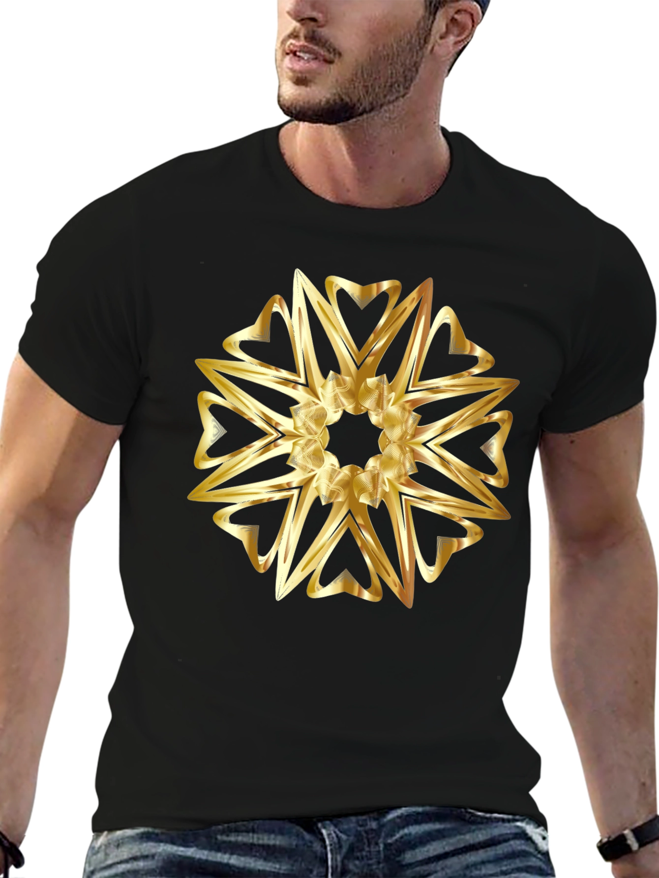 Golden Heart Mandala Graphic Black T-Shirt
