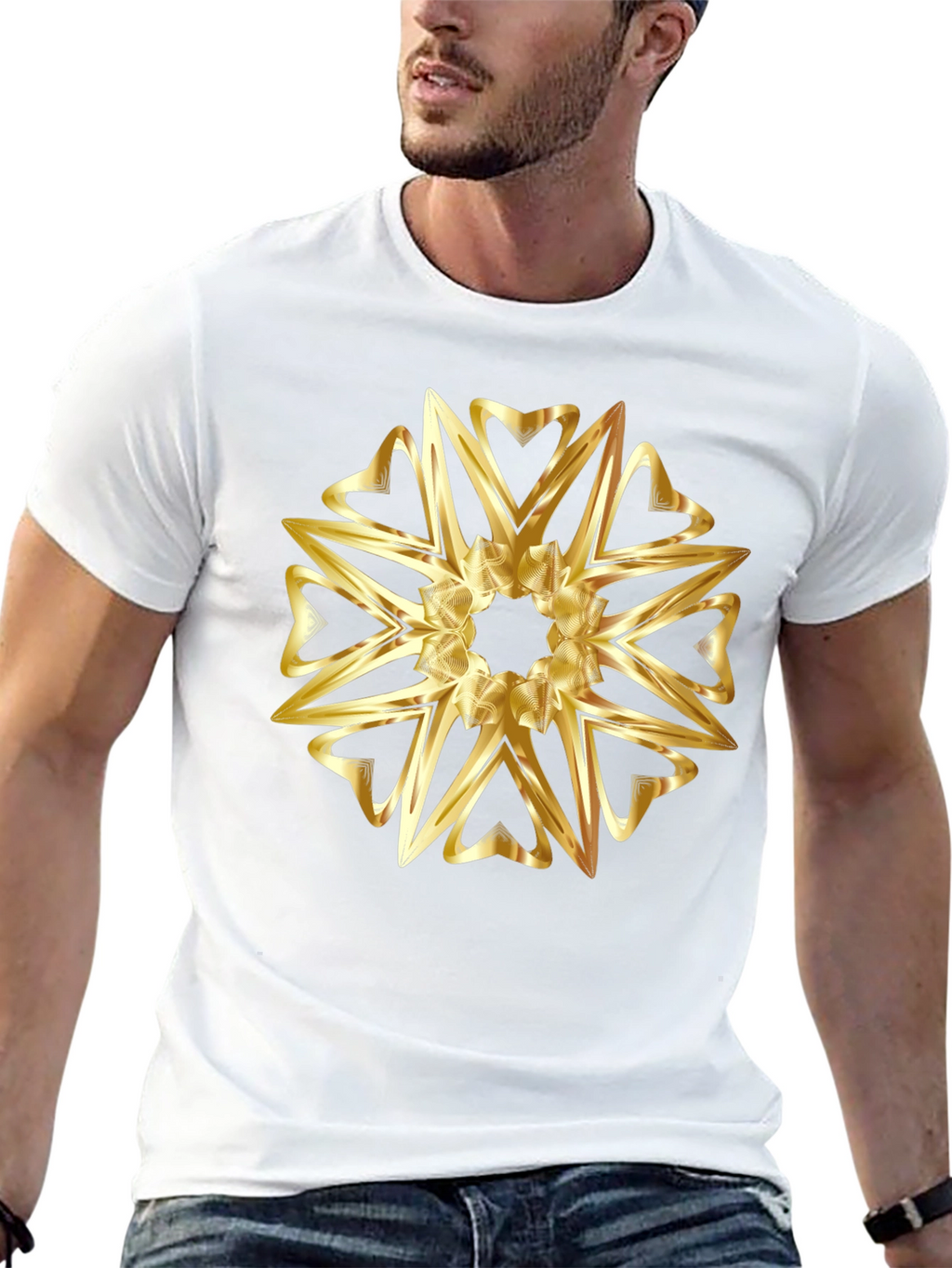 Golden Heart Mandala Graphic Black T-Shirt