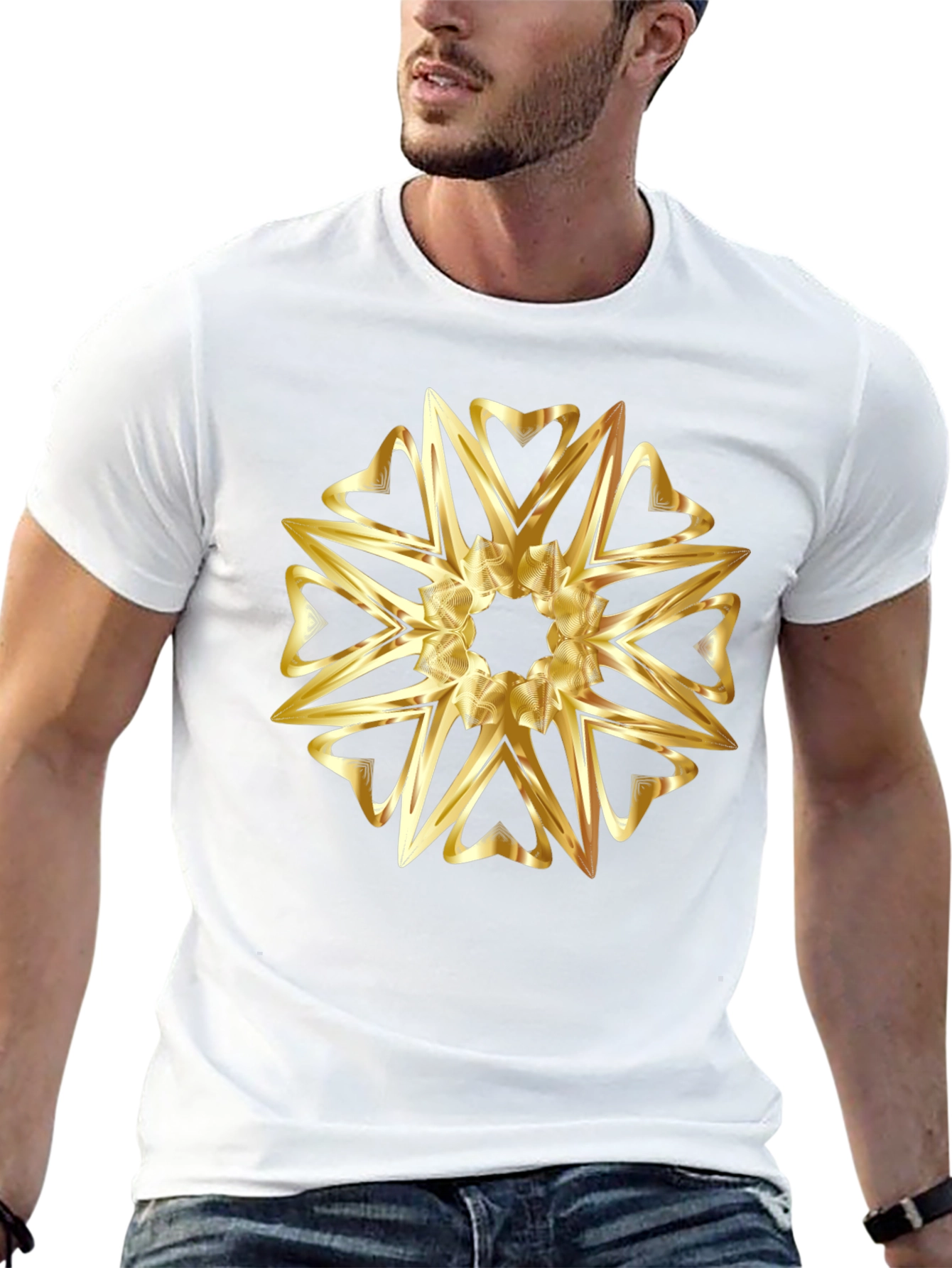 Golden Heart Mandala Graphic Black T-Shirt