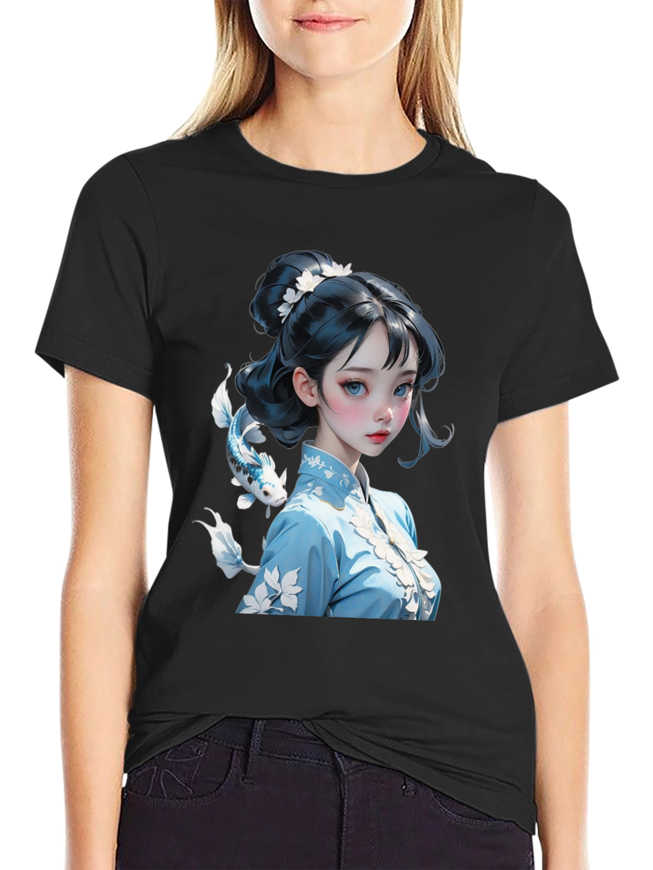 Anime Girl Graphic Tee - Stylish Black Cotton Blend Shirt