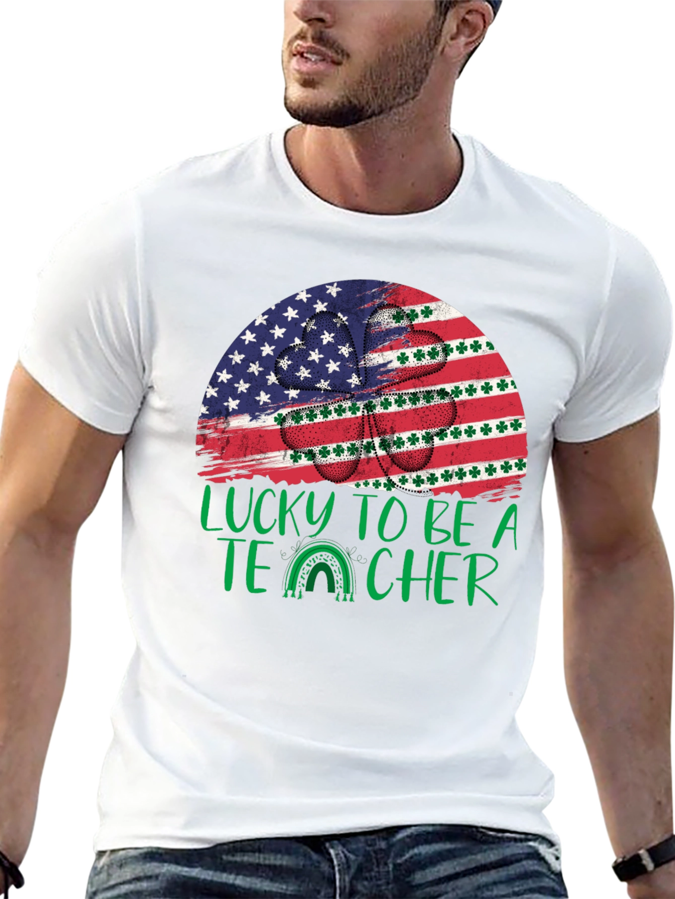 Lucky Teacher St. Patricks Day USA Flag Shamrock T-Shirt