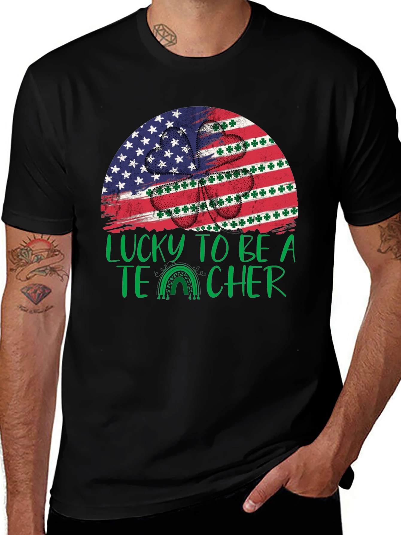 Lucky Teacher St. Patricks Day USA Flag Shamrock T-Shirt