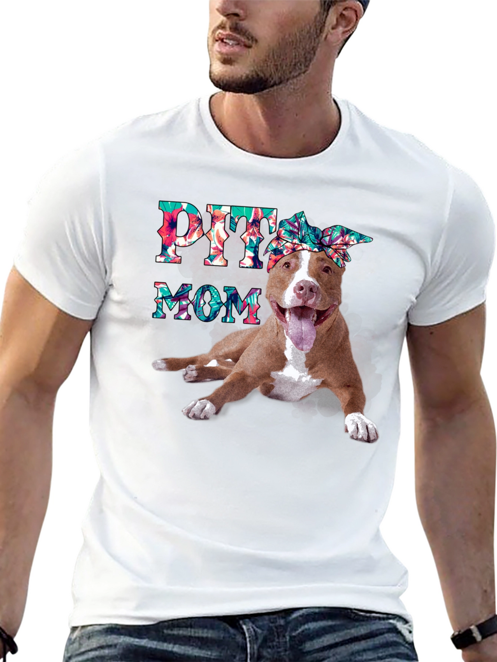 Pitbull Mom T-Shirt - Floral Design