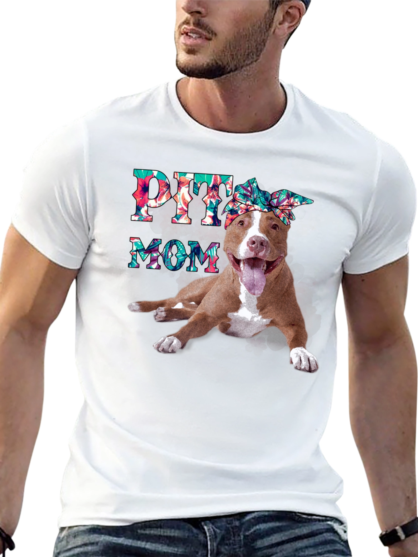 Pitbull Mom T-Shirt - Floral Design
