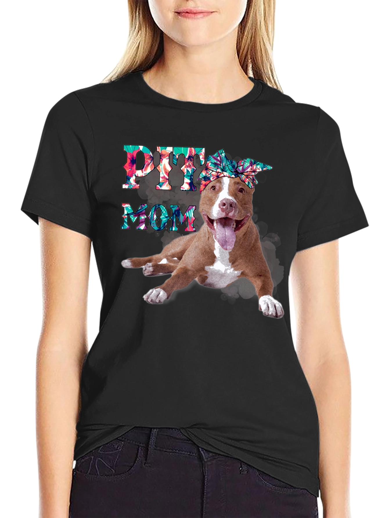 Pitbull Mom T-Shirt - Floral Design