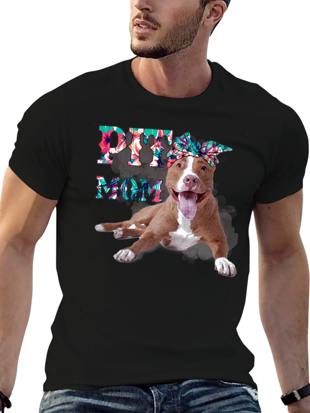 Pitbull Mom T-Shirt - Floral Design