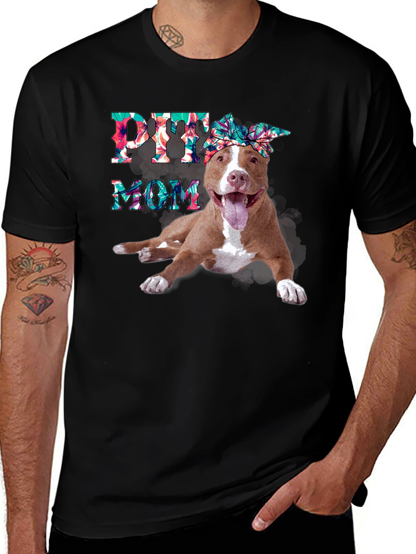 Pitbull Mom T-Shirt - Floral Design
