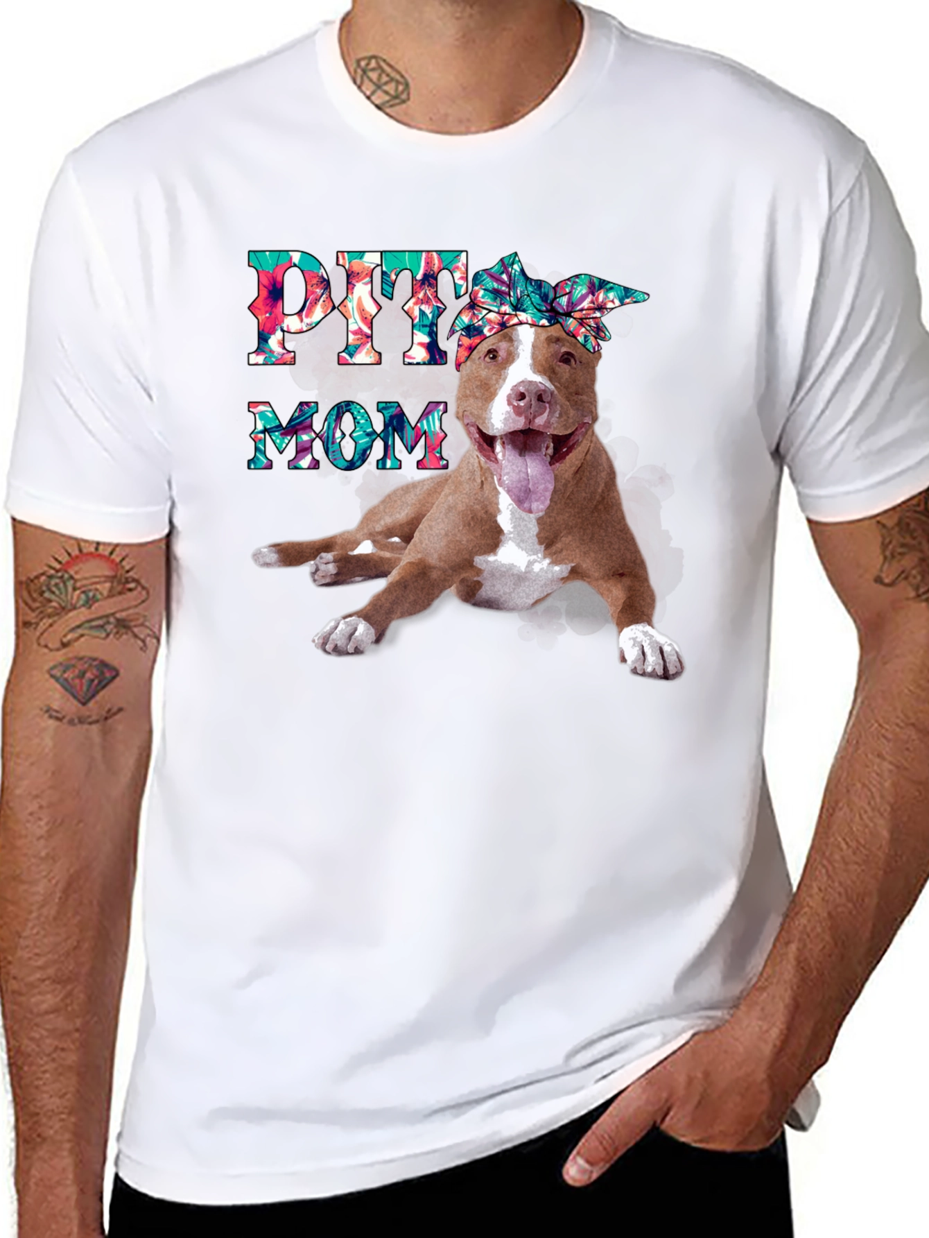 Pitbull Mom T-Shirt - Floral Design