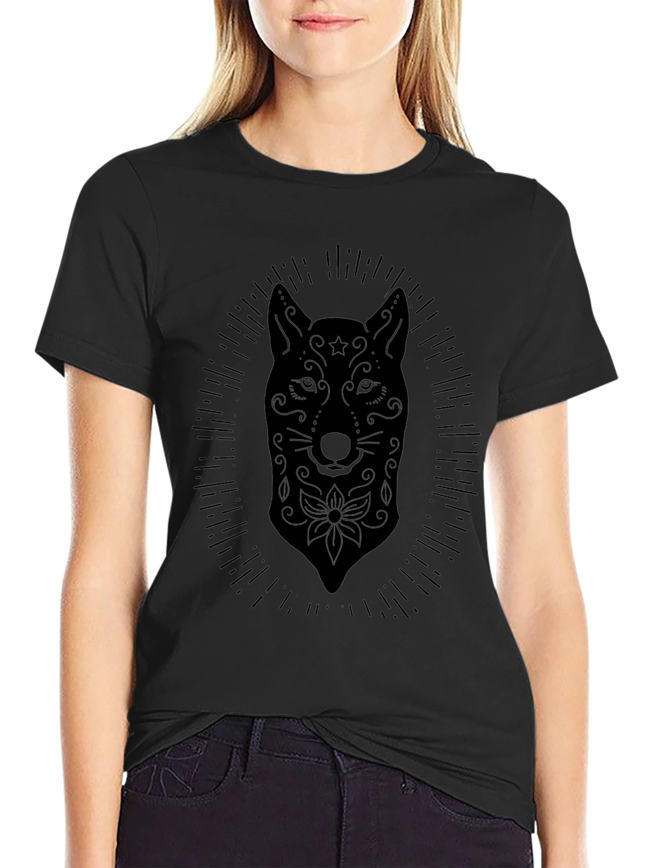 Mens Black Wolf Sugar Skull T-Shirt