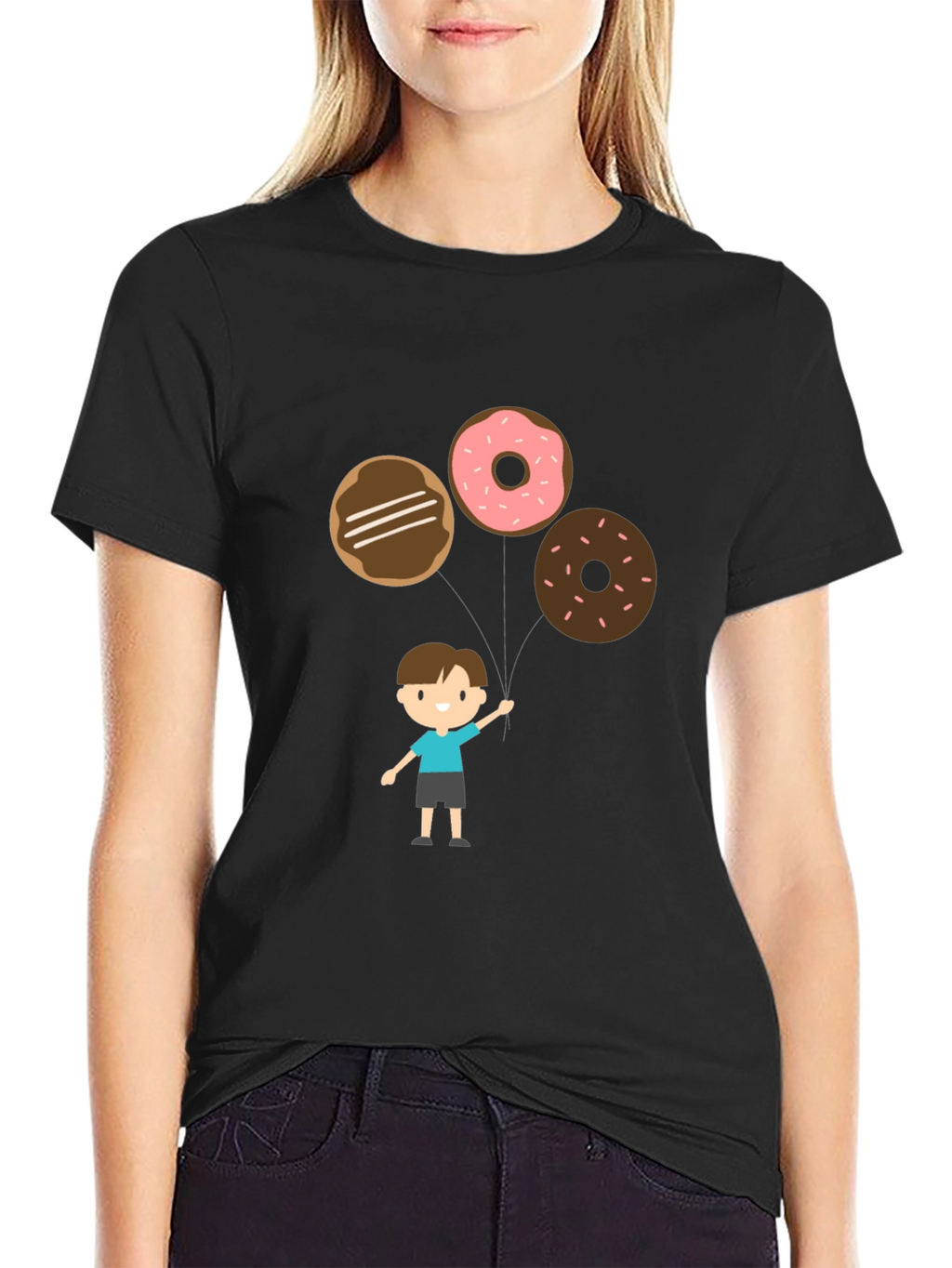 Cartoon Donut Balloon Graphic Tee - Black