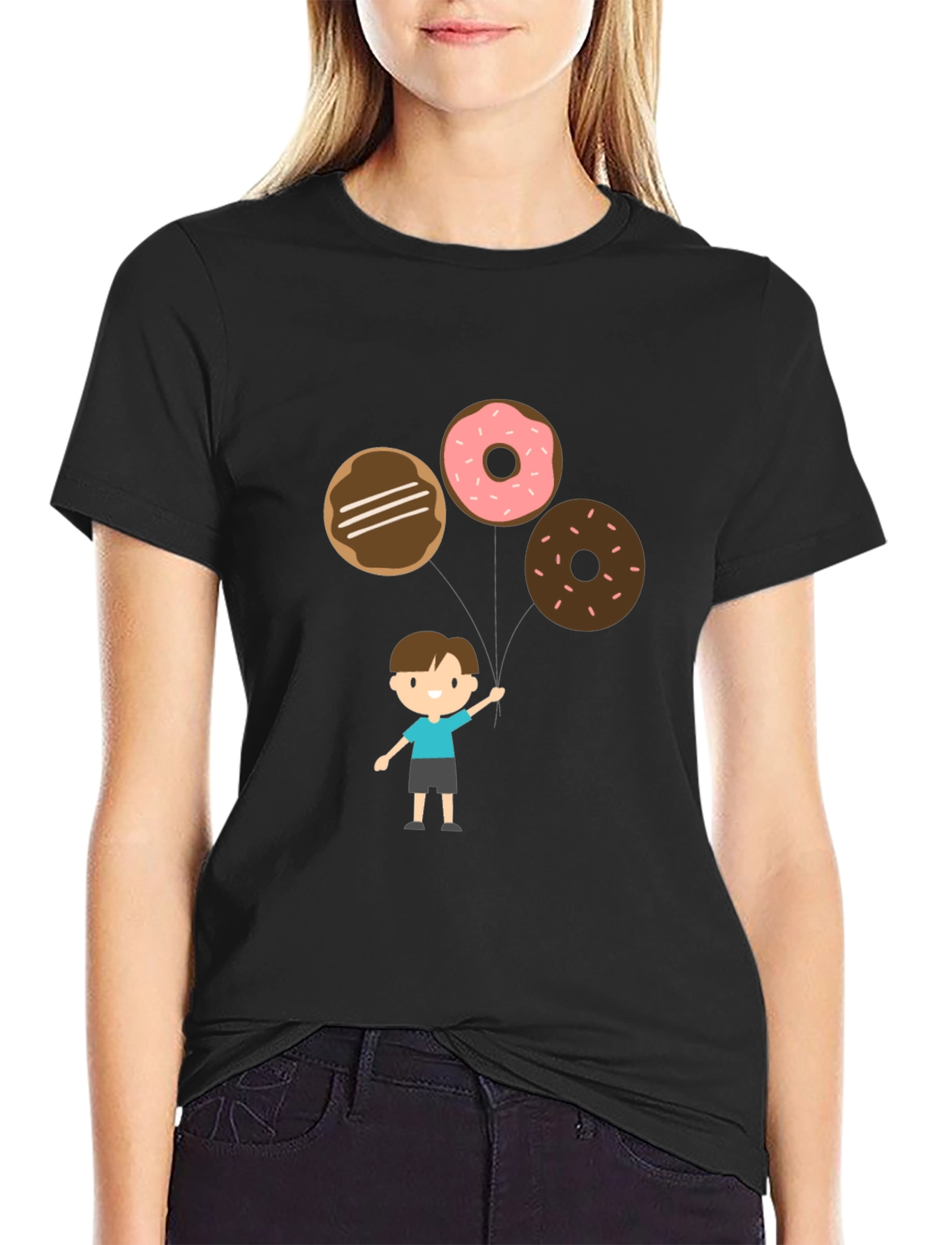 Cartoon Donut Balloon Graphic Tee - Black
