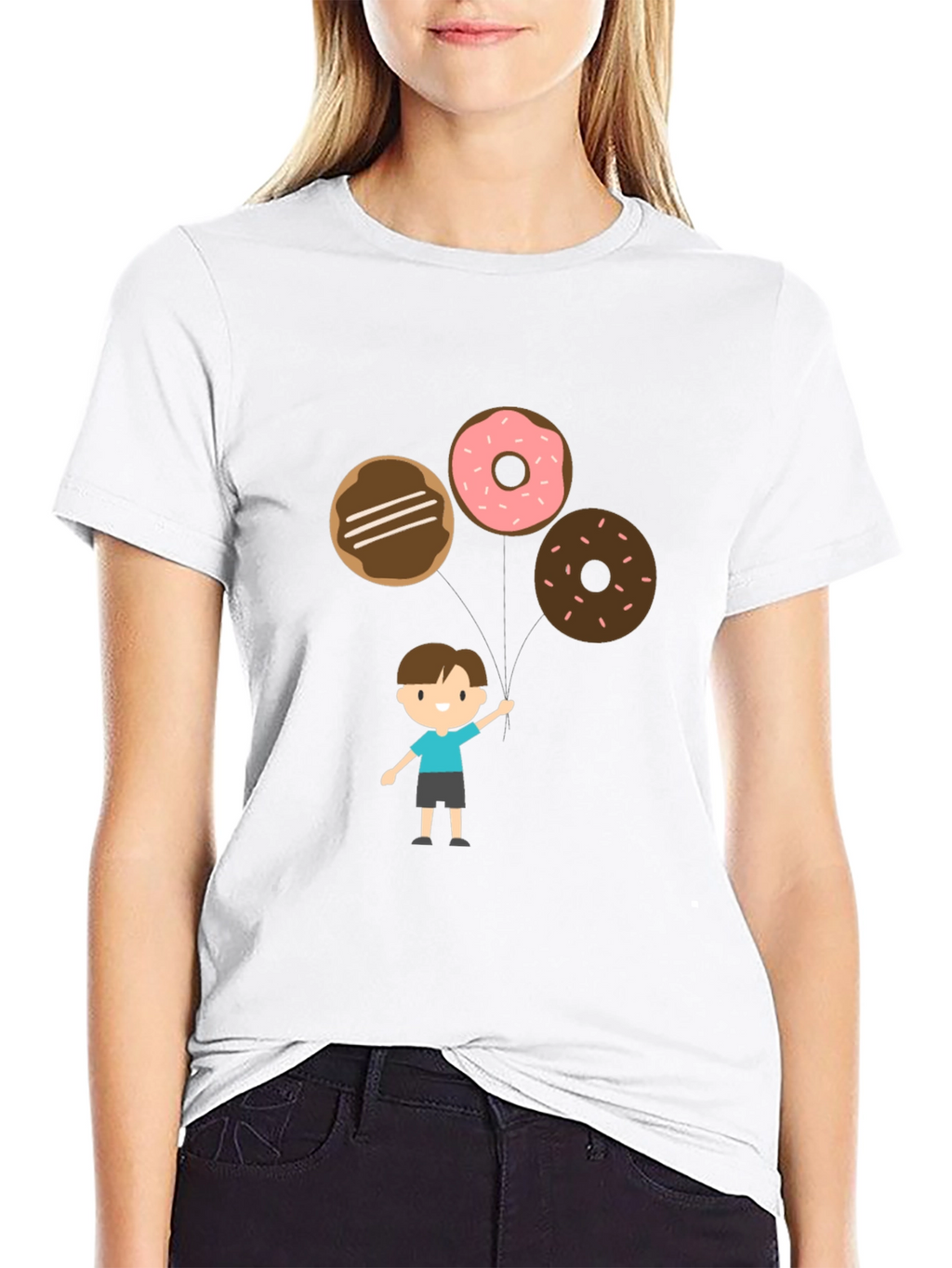 Cartoon Donut Balloon Graphic Tee - Black