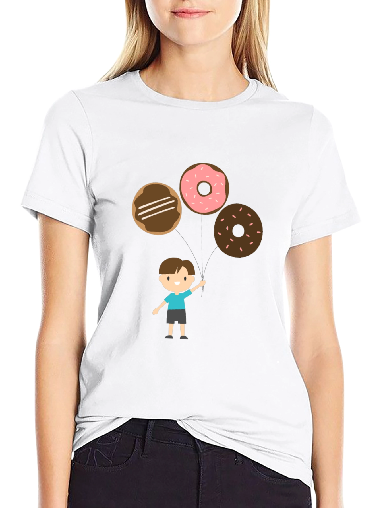 Cartoon Donut Balloon Graphic Tee - Black