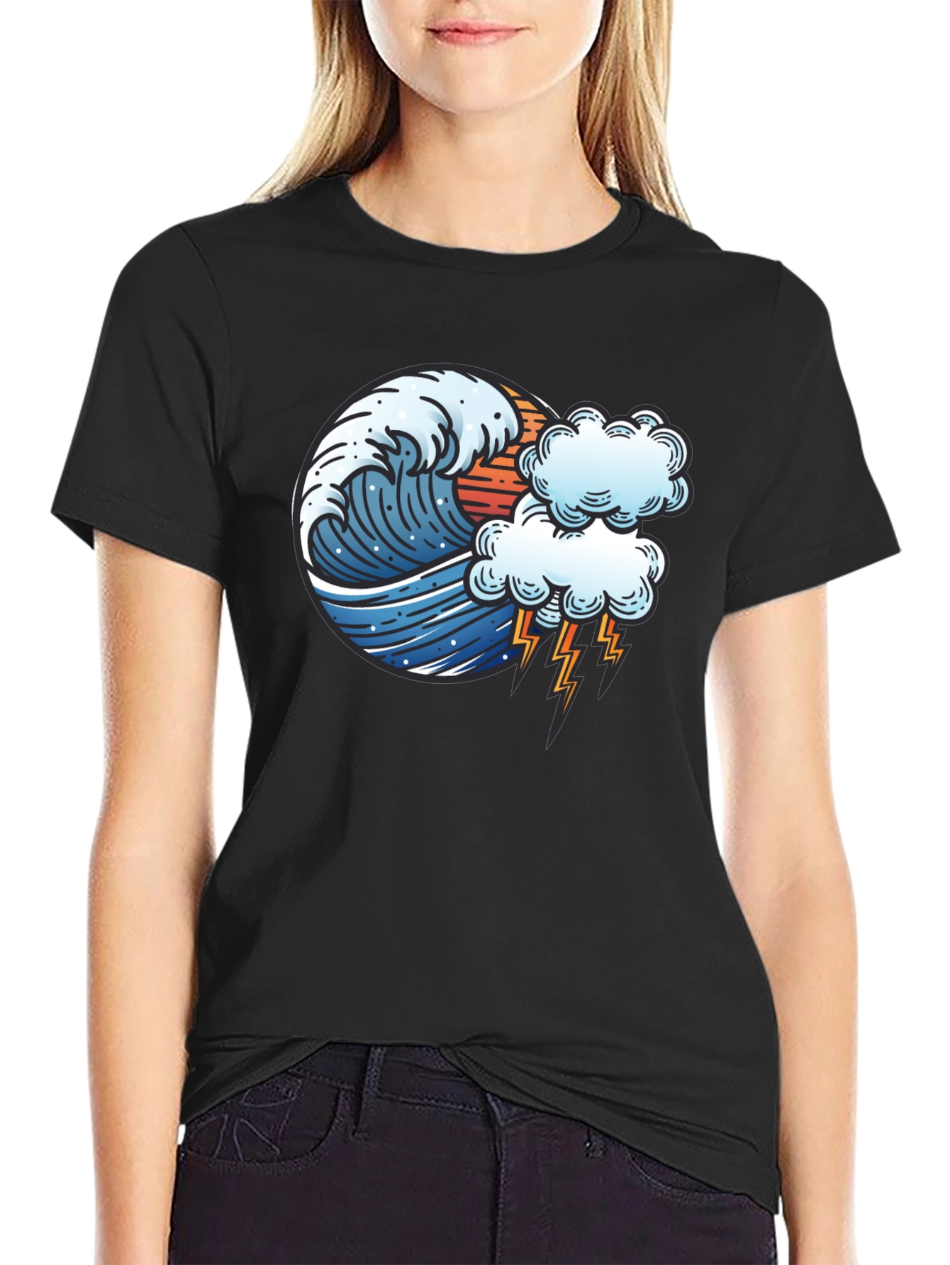 Wave & Lightning Graphic Black Tee