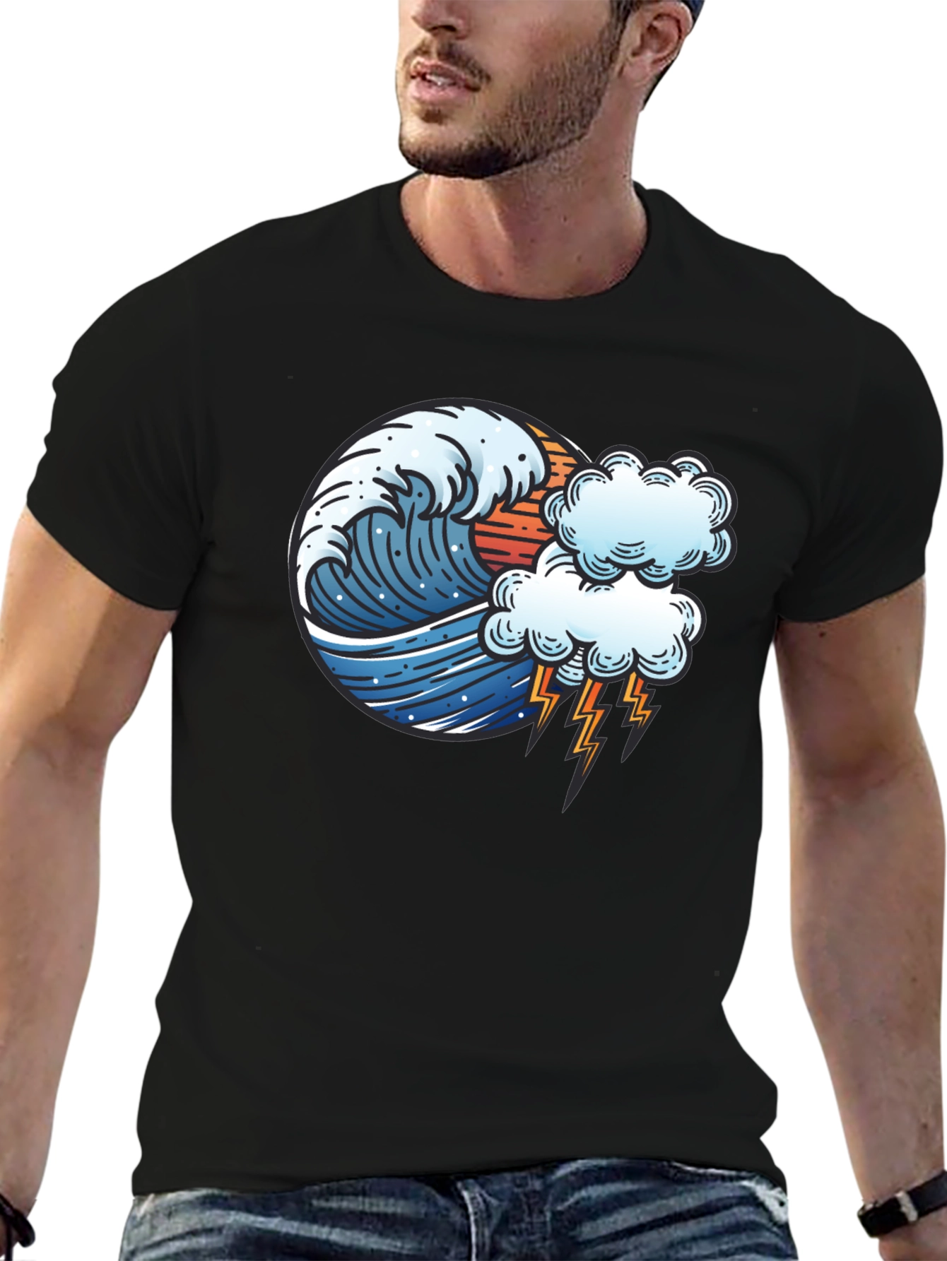 Wave & Lightning Graphic Black Tee