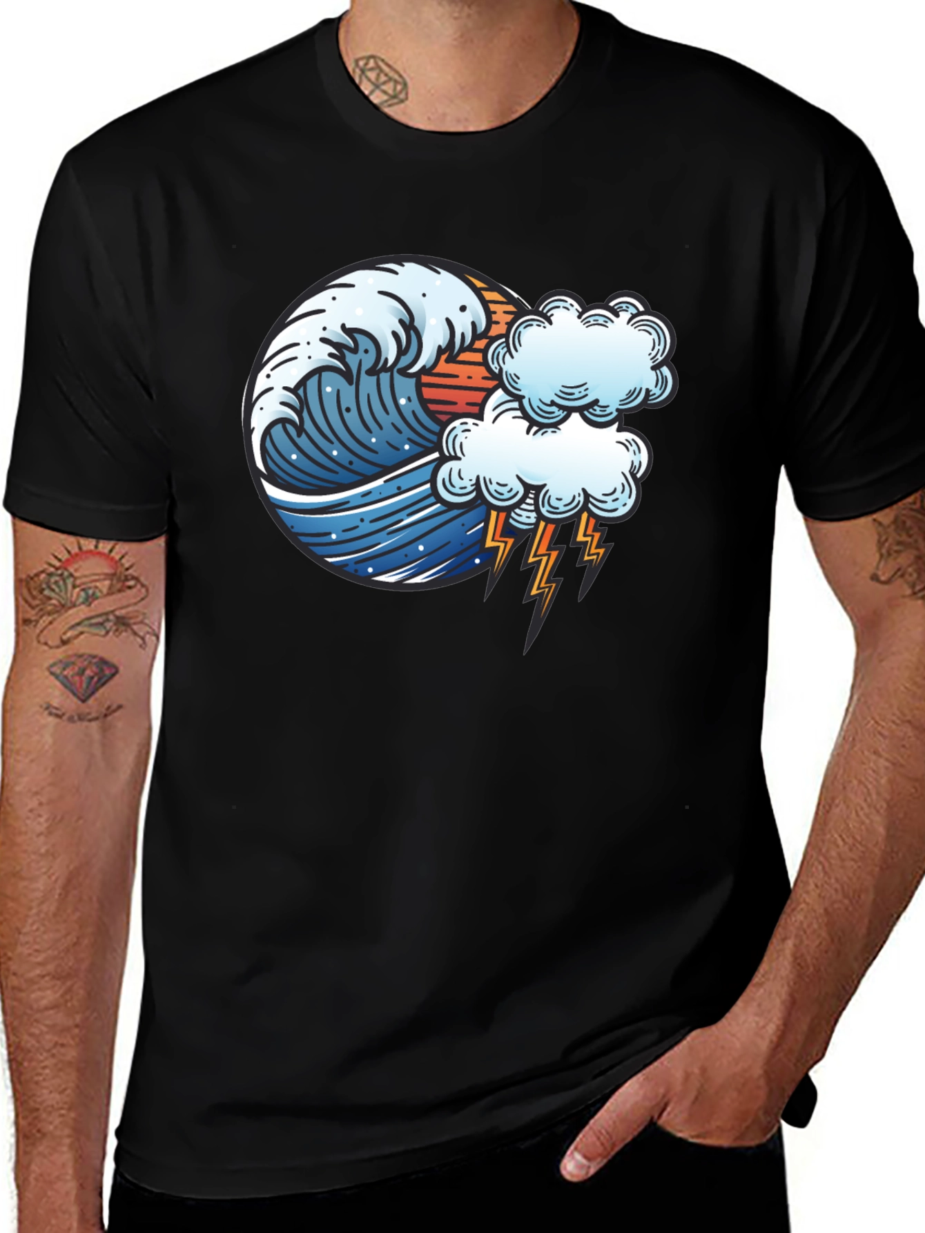 Wave & Lightning Graphic Black Tee
