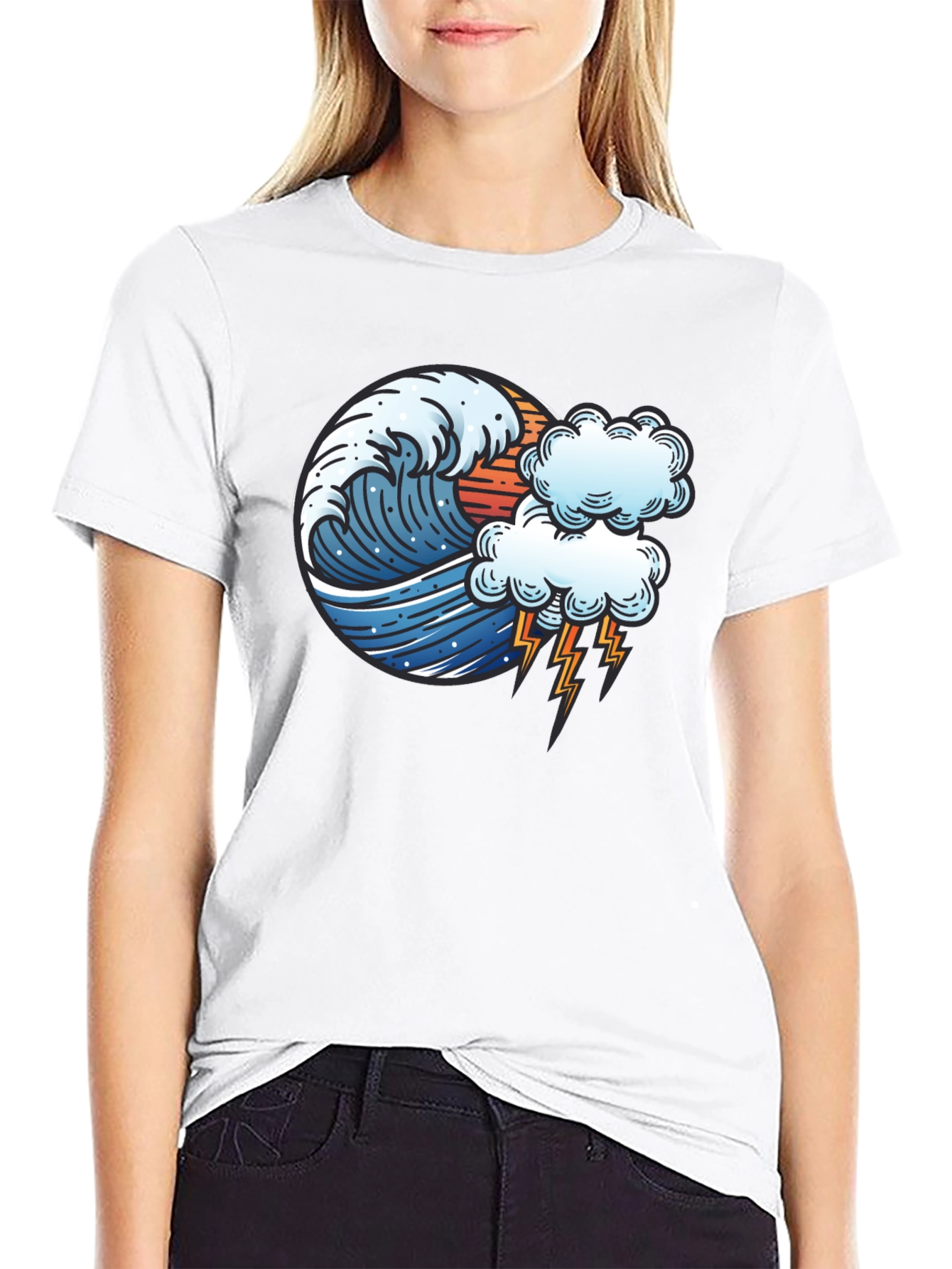 Wave & Lightning Graphic Black Tee