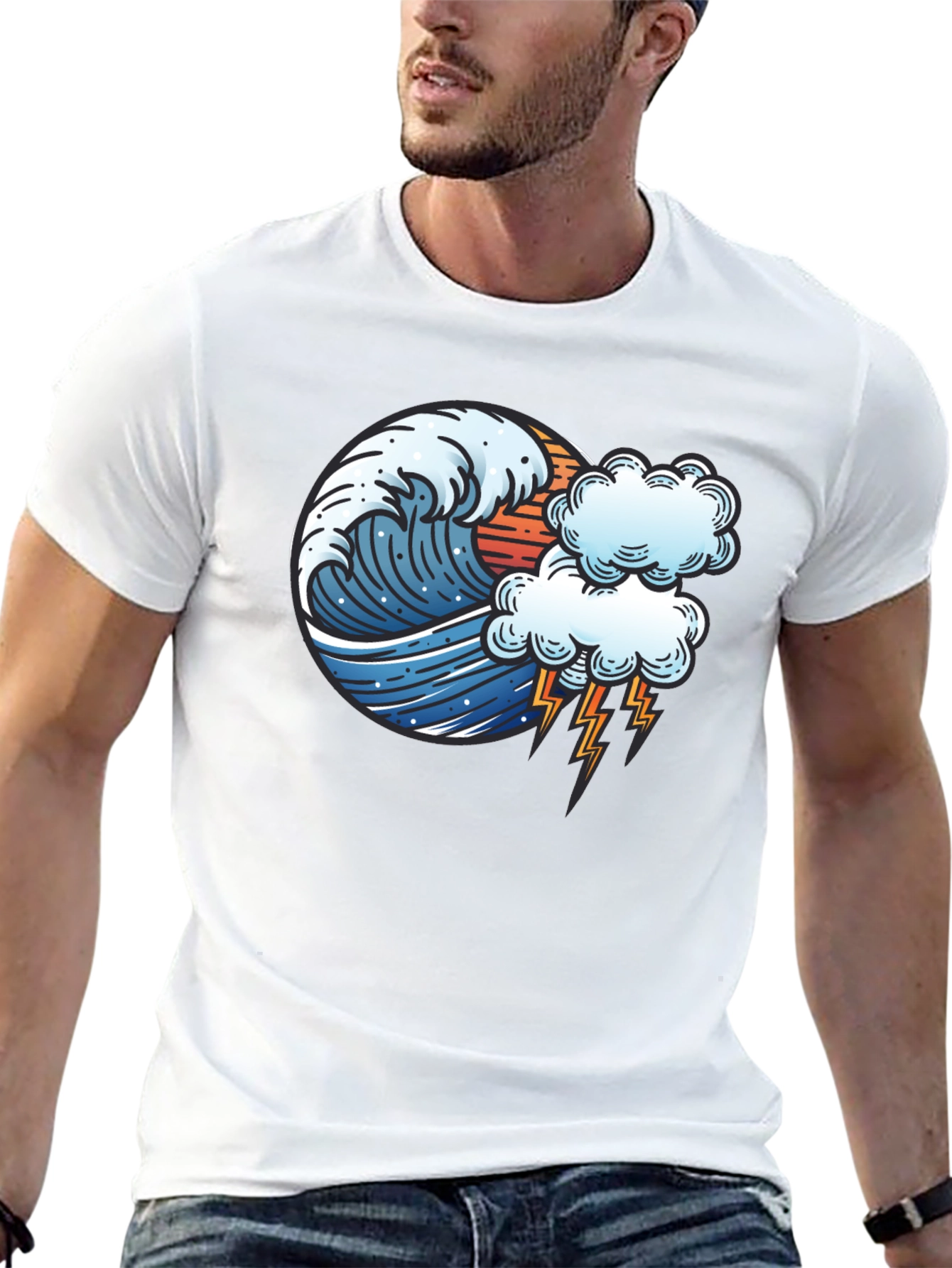 Wave & Lightning Graphic Black Tee