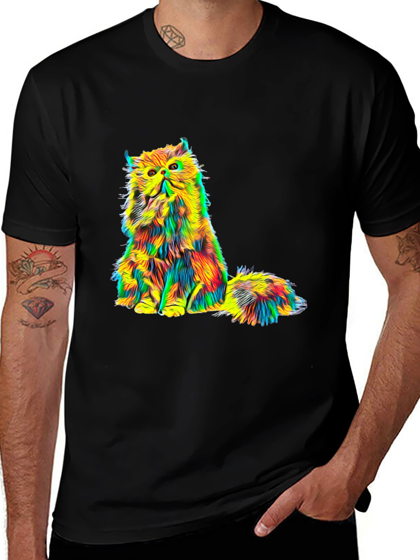 Psychedelic Cat Graphic Tee - Black Unisex T-Shirt