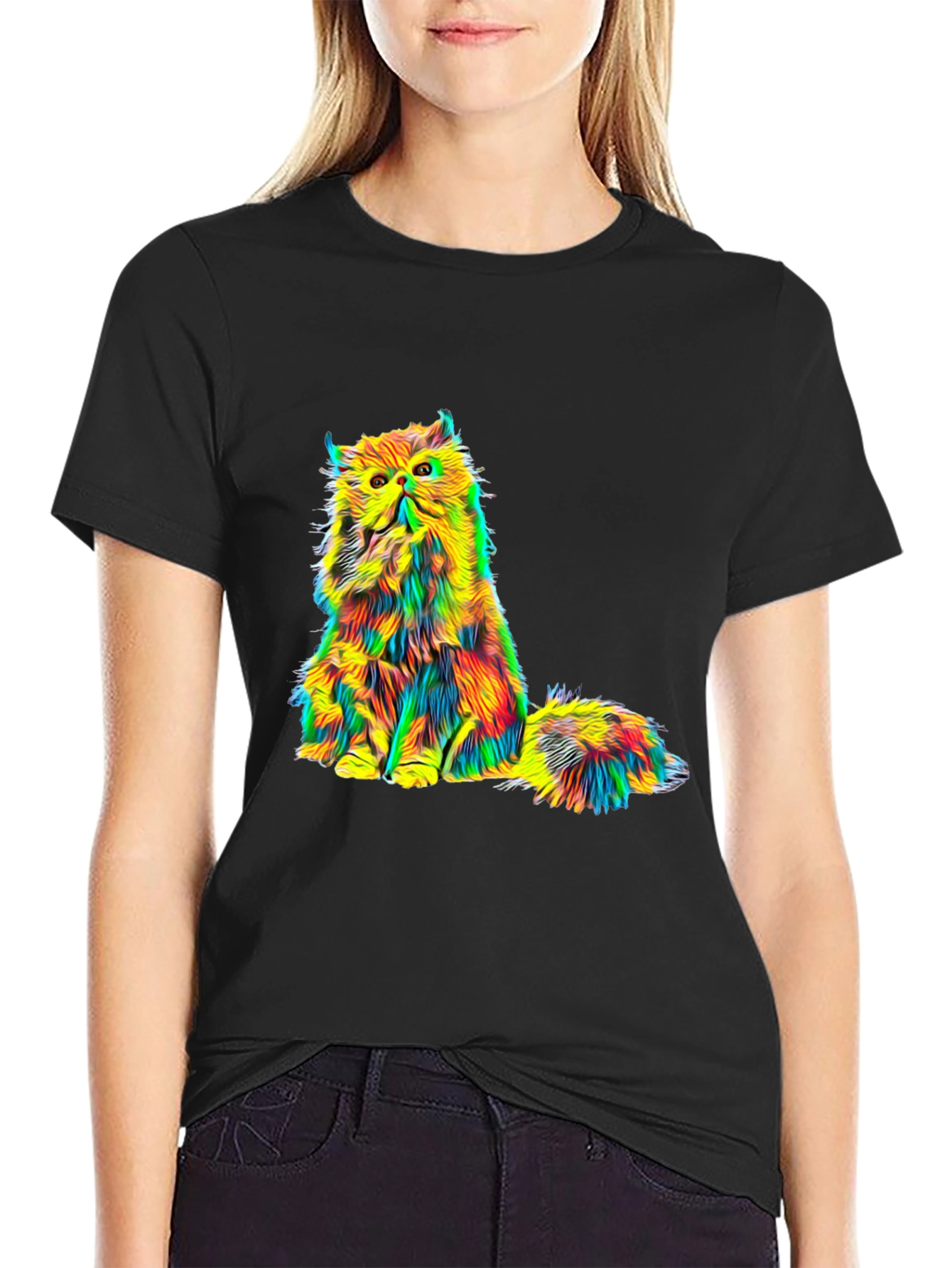 Psychedelic Cat Graphic Tee - Black Unisex T-Shirt