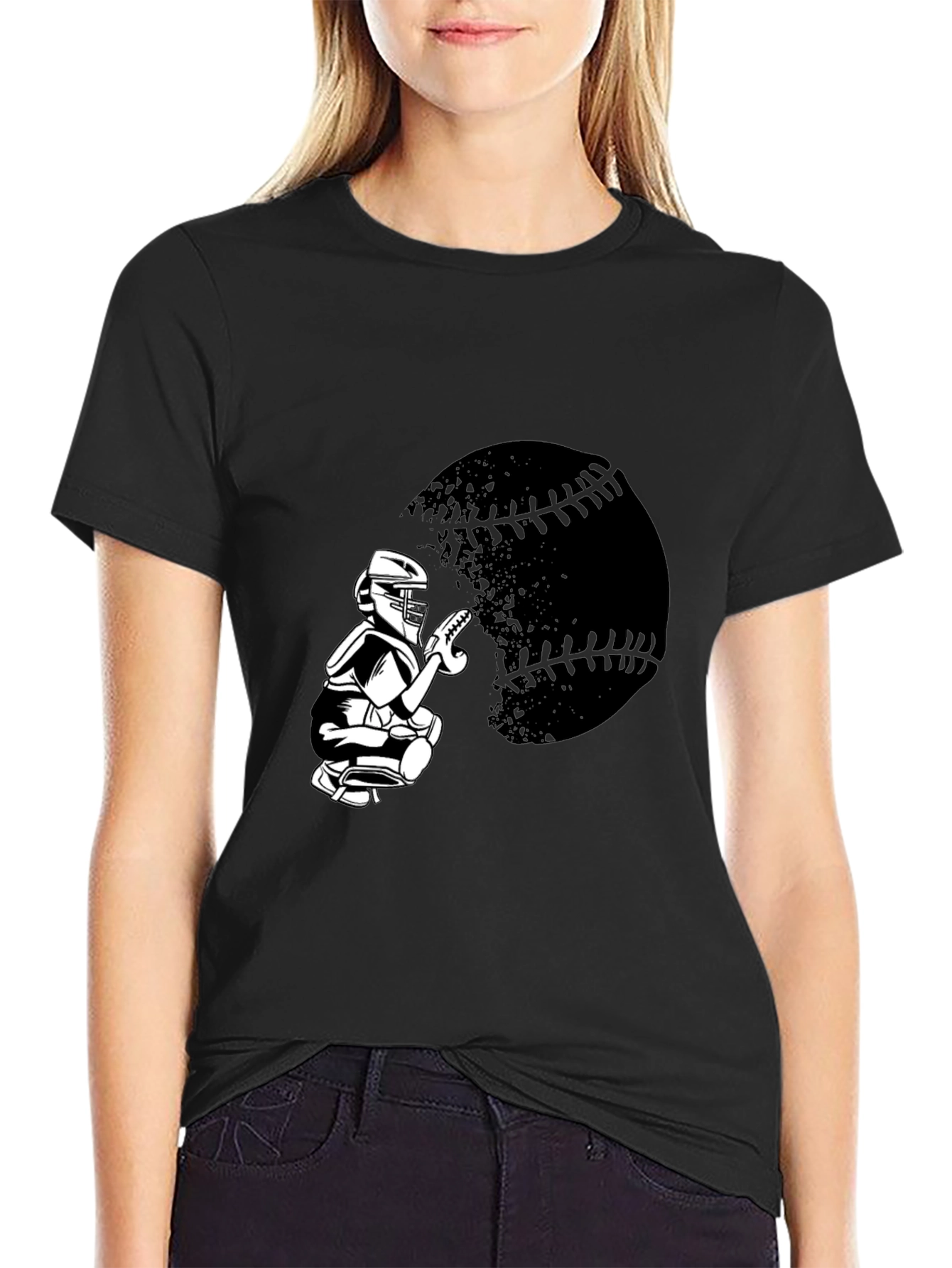 Baseball Catcher Graphic Tee - Sporty Black T-Shirt