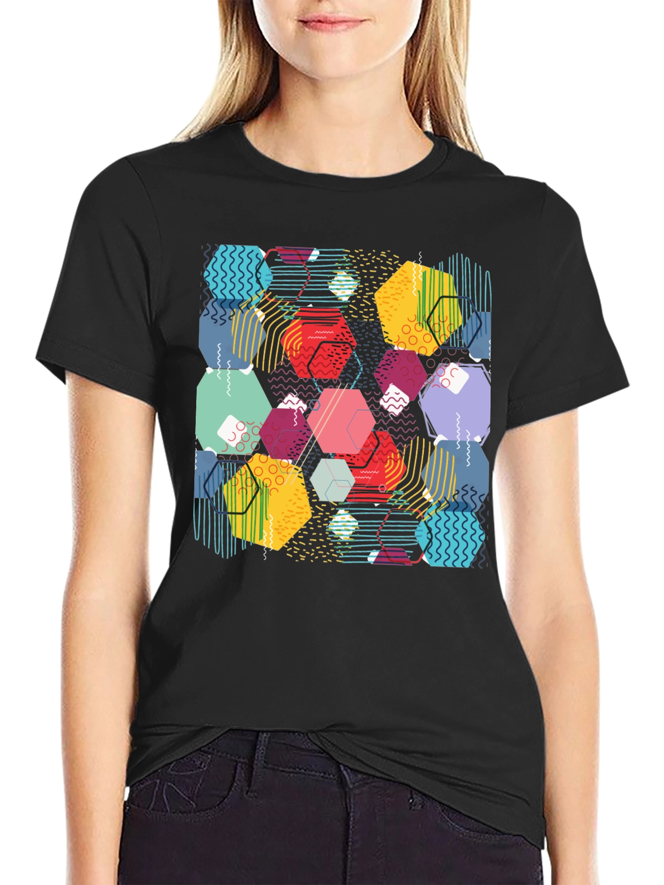 Geometric Pattern T-Shirt - Colorful Hexagon Design